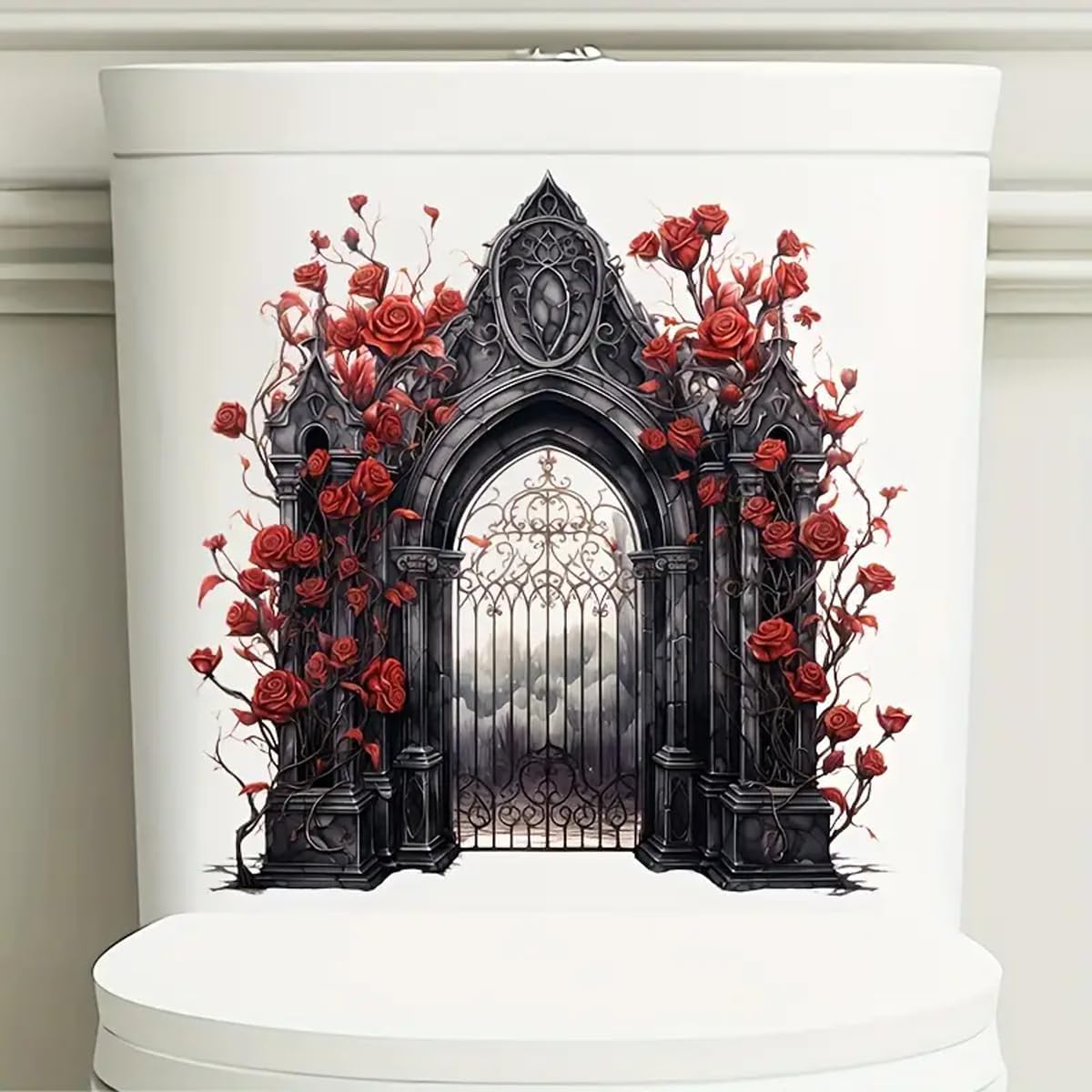 Halloween Gate Flower Toilet Cover Sticker Decals,Flower leaf bird Waterproof Toilet Lid Tank Seat Decals Cistern Self-Adhesive Bathroom Wall Sticker, TOLOVIS-001