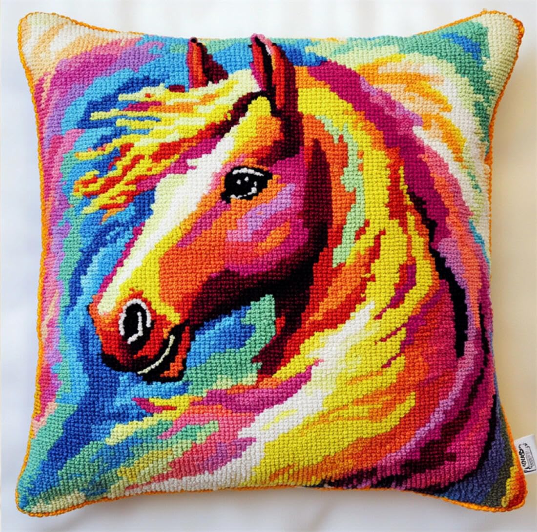 Kitquiver Animal DIY Craft Latch Hook Rug Kits Colorful Horse Latch Hook Kit for Adults Beginners Embroidery Crochet Set DIY Throw Pillow Covers Kits 17x17In