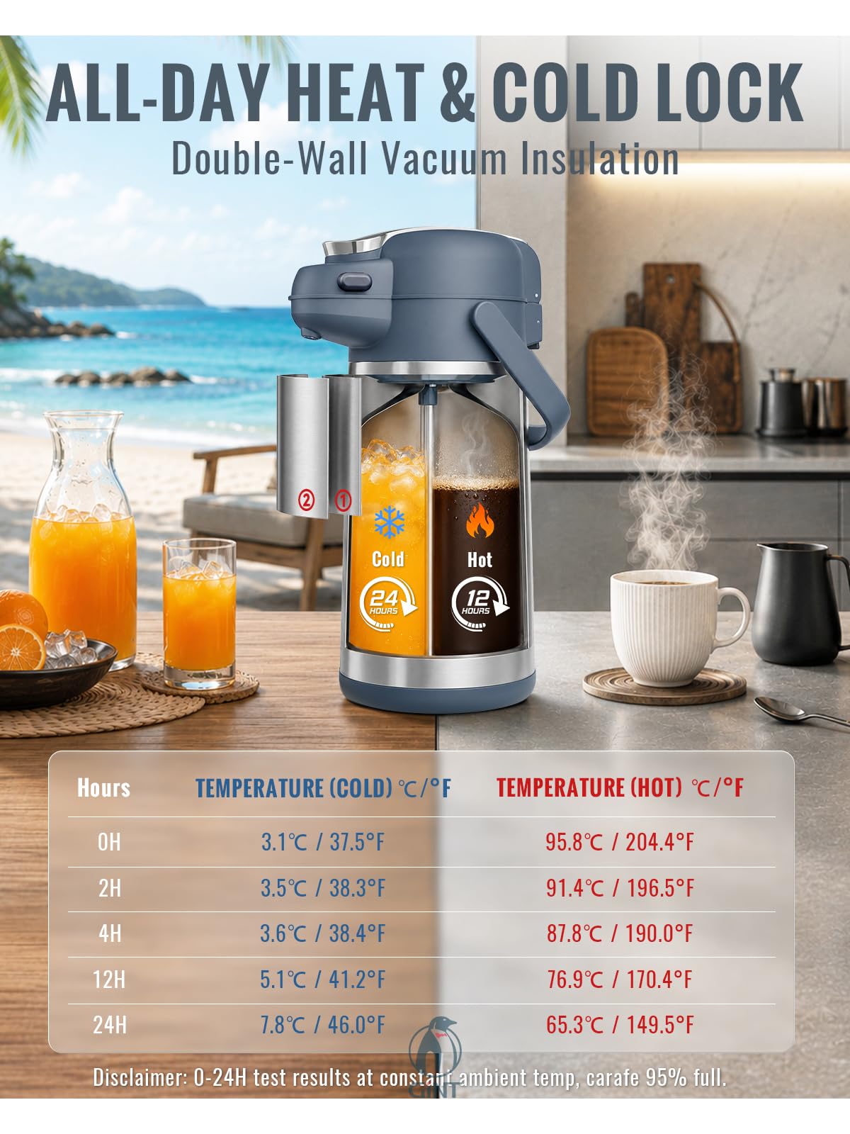 GiNT Dispensador de café Airpot de 100 onzas con bomba, jarra de café aislada para líquidos calientes, dispensador de bomba de acero inoxidable aislado al vacío para bebidas calientes/frías (3 L)