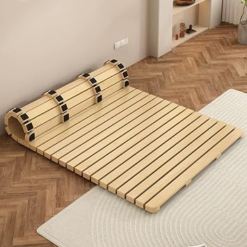 Slatted Bed, Bed Frame, Roll-Up Slatted Bed, Natural Wood, Folding Bed, Length 74.8 / 78.7 inches 190 / 200 cm, Durable, Lightweight, Breathable, Quiet, 1.2 inches 3 cm Thick Bedboard