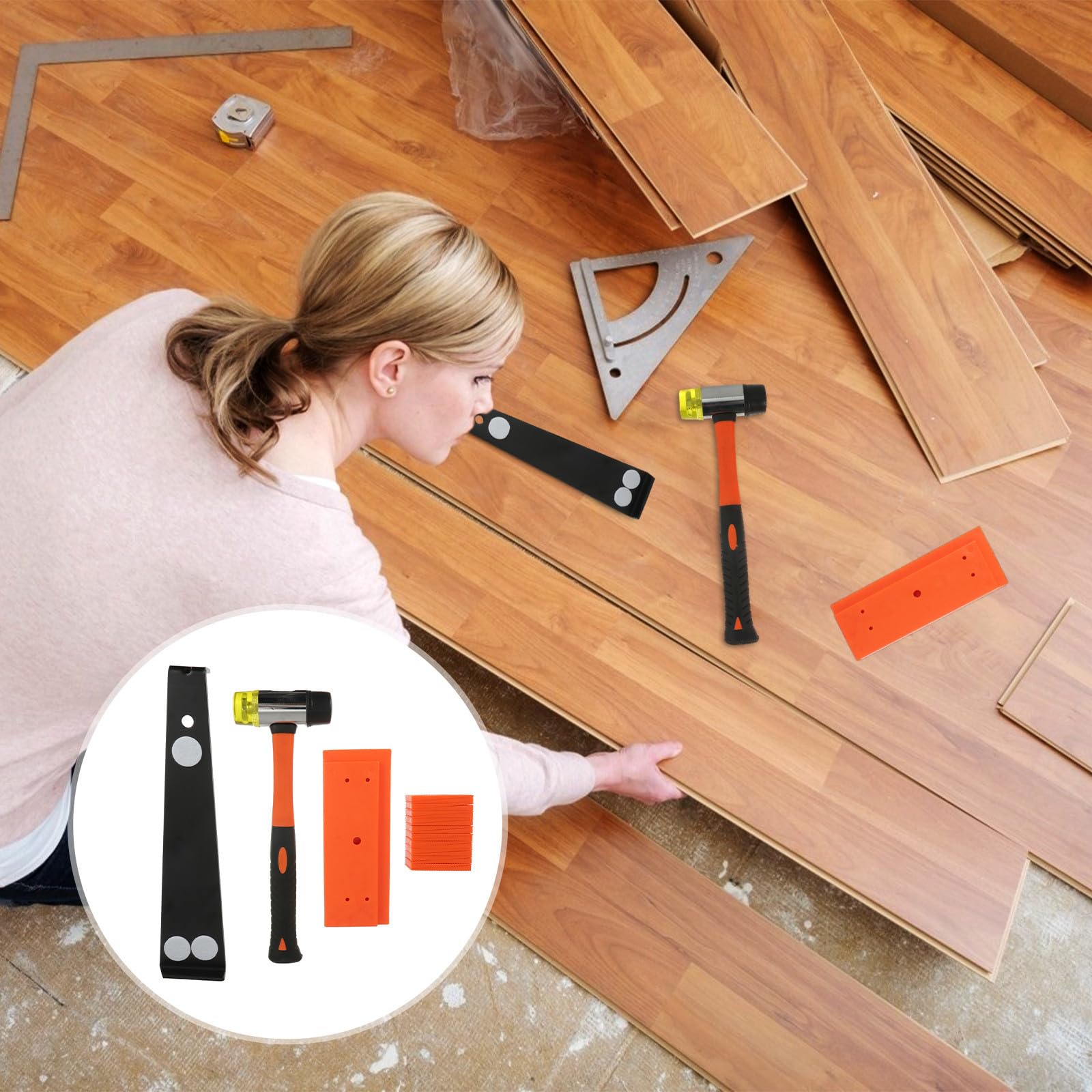 YARNOW Kit de Instalación y Cuñas de Plástico Barra de Tracción de Acero al Carbono para Montaje Rápido y Preciso para Suelo Laminado Hogar