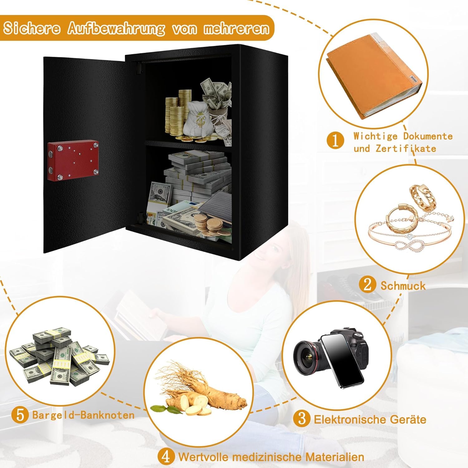Tresor Safe Caja fuerte para muebles, caja fuerte para el suelo, caja fuerte de pared, XL, 35 x 50 x 31 cm, color negro | Con cerradura de doble barba, 2 llaves, incluye material de fijación