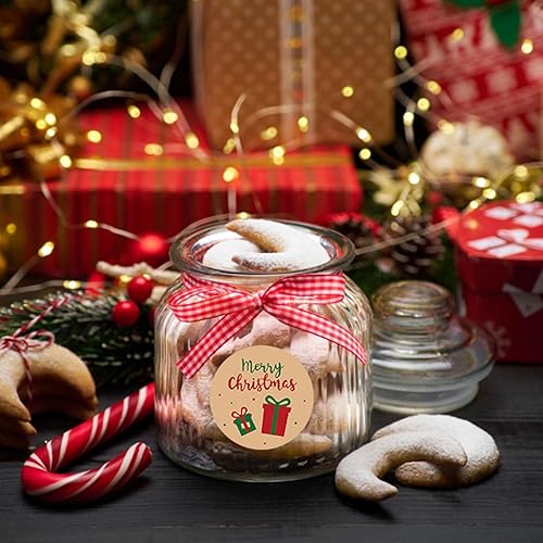 Miniatura 7 de AnyDesign - 1000 calcomanías de papel kraft de Navidad de 1.5 pulgadas, calcomanías redondas vintage rojas y verdes en rollo, diseño rústico de