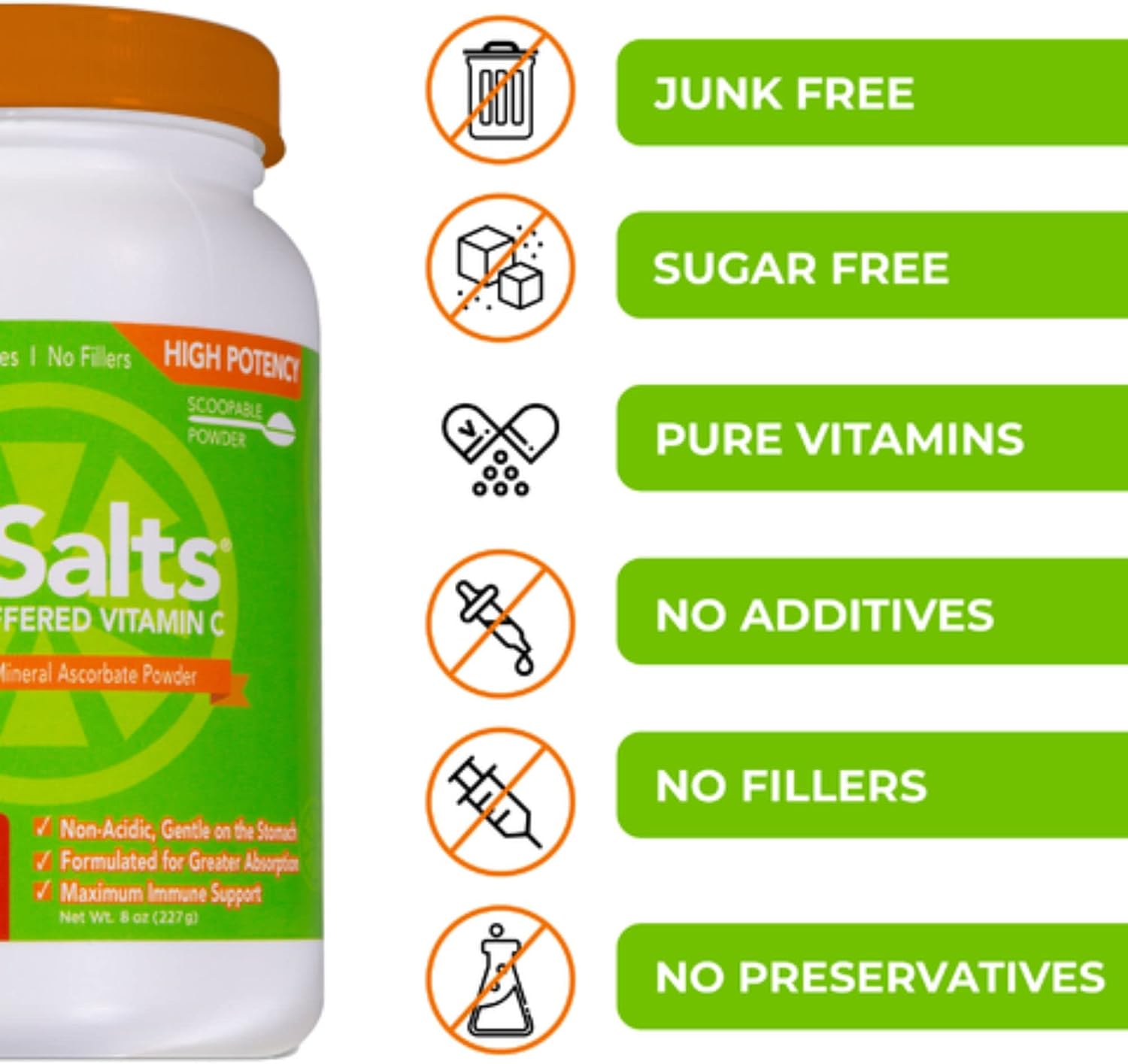 C-Salts Buffered Vitamin C Powder - High Dose Ascorbate Supplement for Immune Support with Calcium, Magnesium, Zinc, Potassium - Gentle on Stomachs - Organic, Non-GMO - No Sugar or Sodium - 8oz