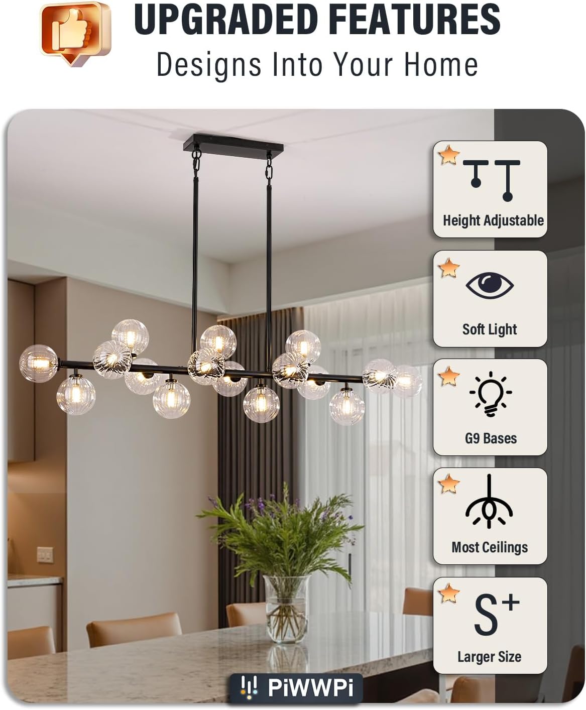 Large Linear Chandeliers for Dining Room Kitchen Island, 55" Long Light Fixture Over Table, 16-Light Modern Glass Globe Sputnik Farmhouse Chandelier, Black and Clear Bubble, GC-08