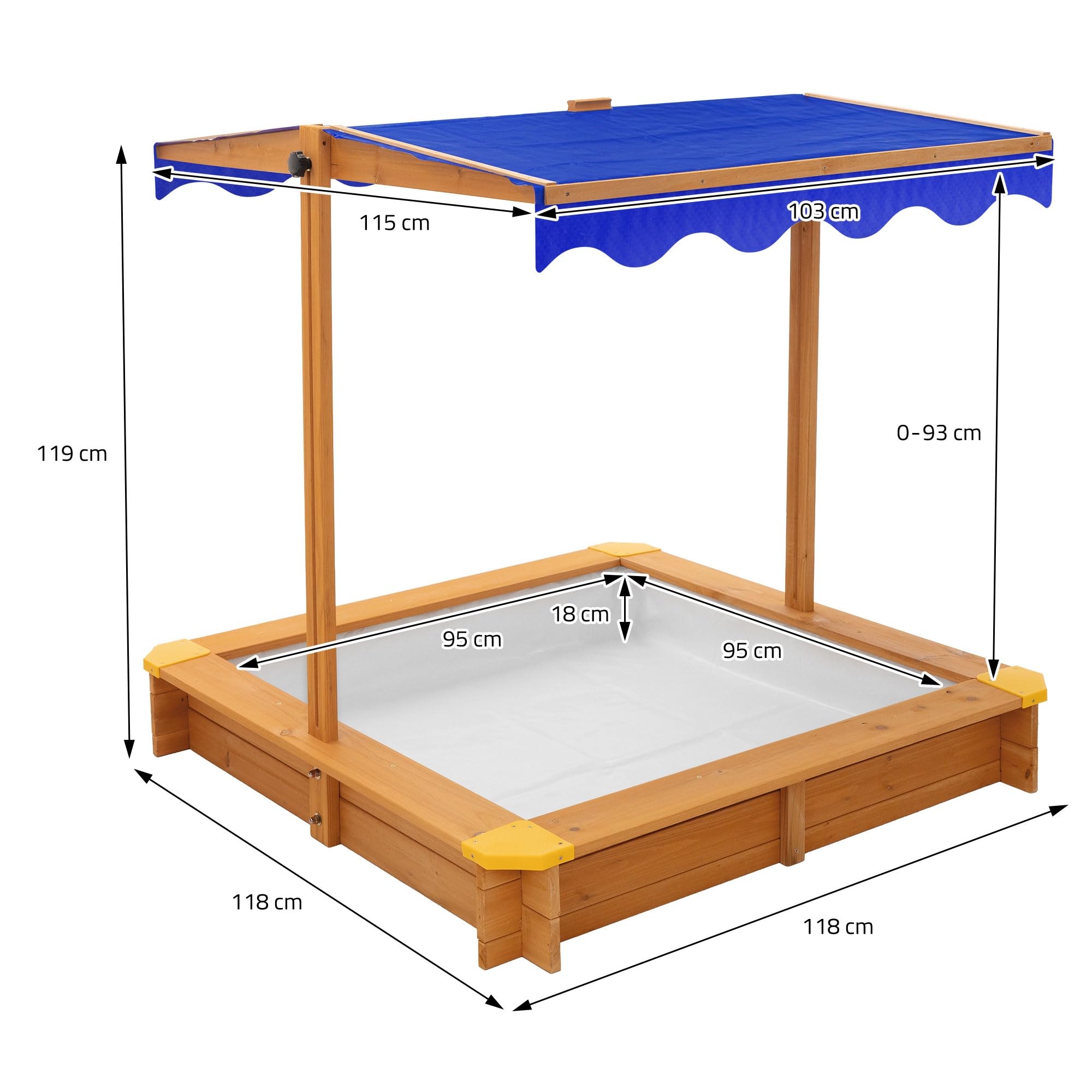 ML-Design Sabbiera con Tetto Regolabile 118x118 cm, in Legno Massello, Sandbox per Bambini con Copertura, Tessuto Base e Bordi Rinforzati, Protezione UV 50, Sabbionaia da Giardino, Gioco da Esterno