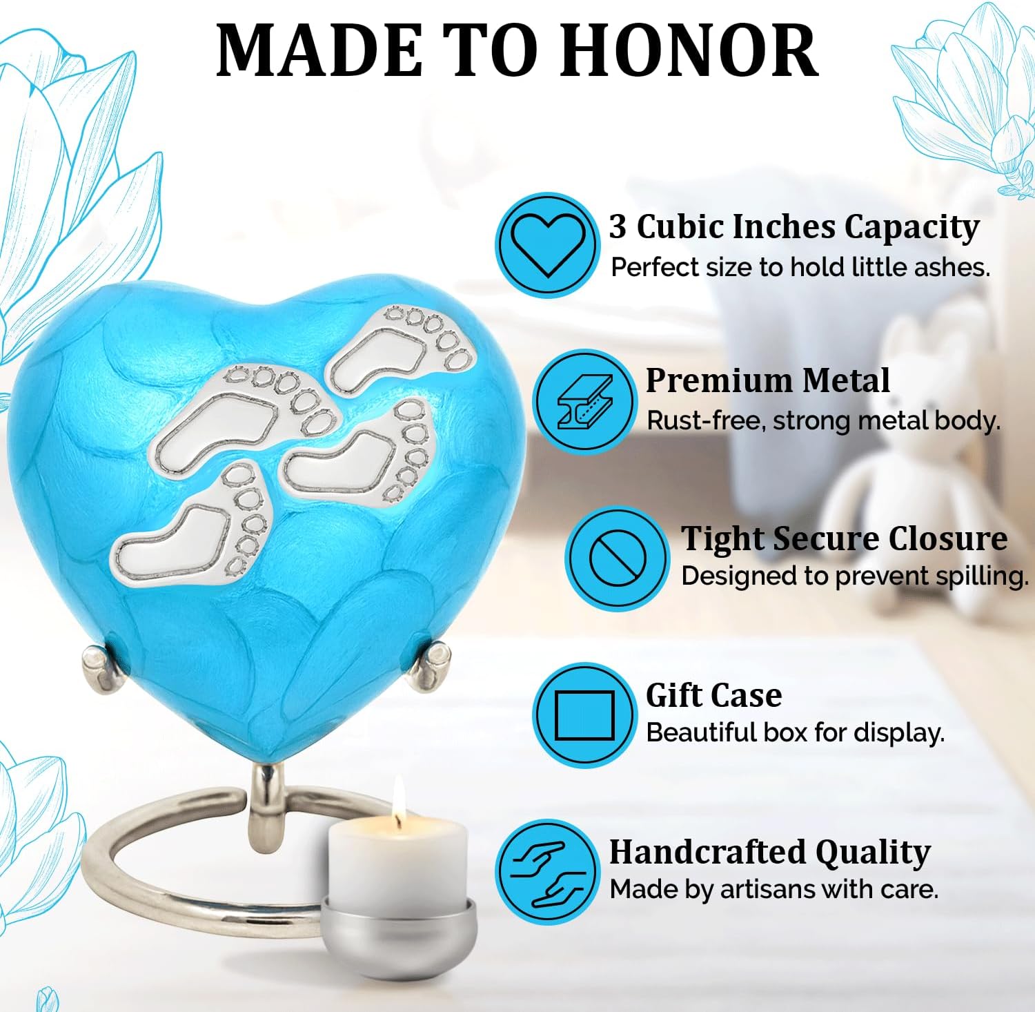 Baby Urns for Ashes Boy & Girl - Mini Urns for Baby Boy Ashes - Heart Shaped Keepsake Urn with Stand - Honor Your Loved One with Memorial Infant Urn (Blue, Small)