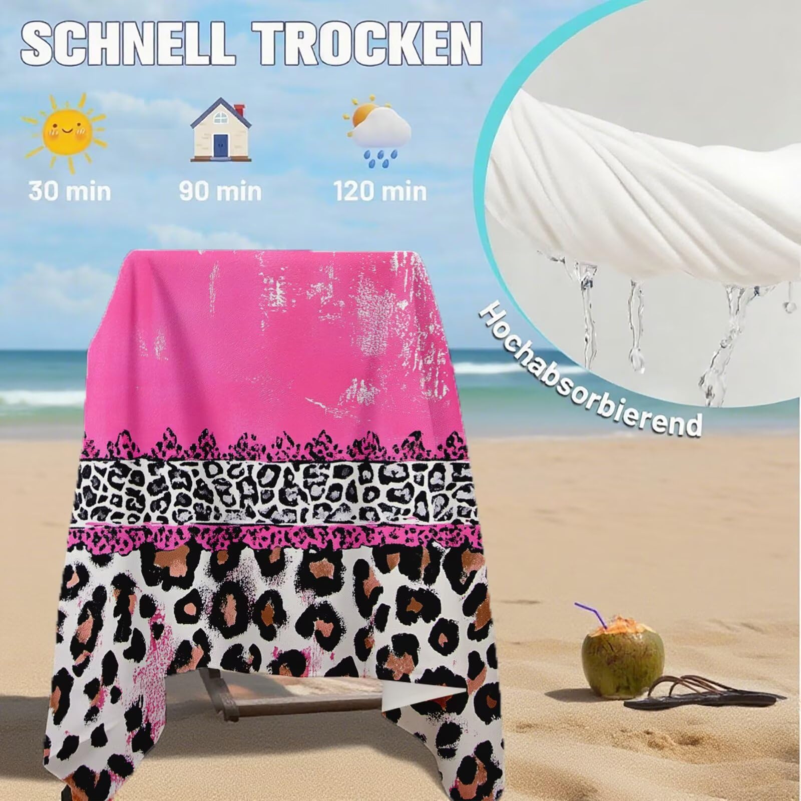 Toallas de Playa Microfibra Leopardo Toalla Playa Grande 180x90 cm Mujer Hombre Secado Rápido Absorbente Toallas Gimnasio Suave Sin Arena Toalla Microfibra para Playas Piscina Viajes Camping Q-603
