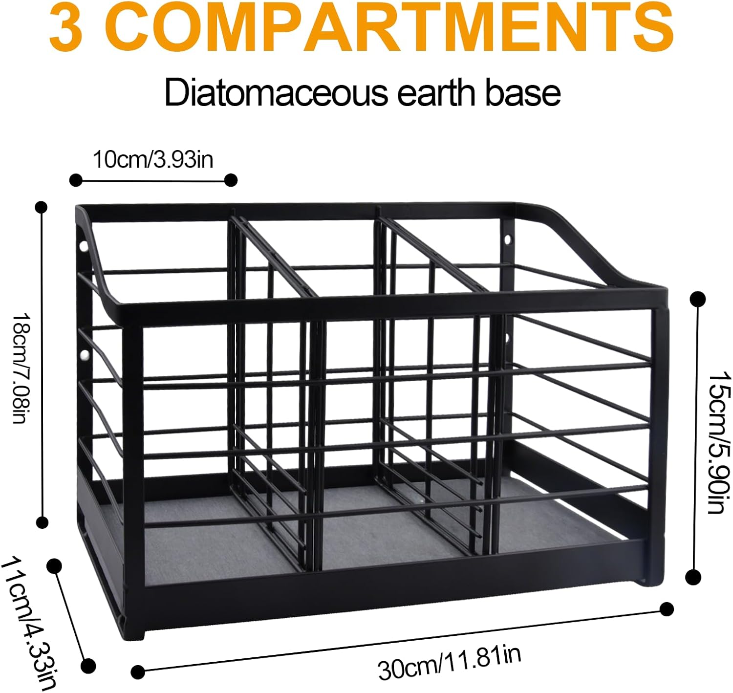 Large Kitchen Utensil Holder for Countertop, Cooking Utensil Holder Organizer with Diatomaceous Earth Base Matte Black, Utensil Organizer for Spatula and Kitchen Utensils (3 Compartments)