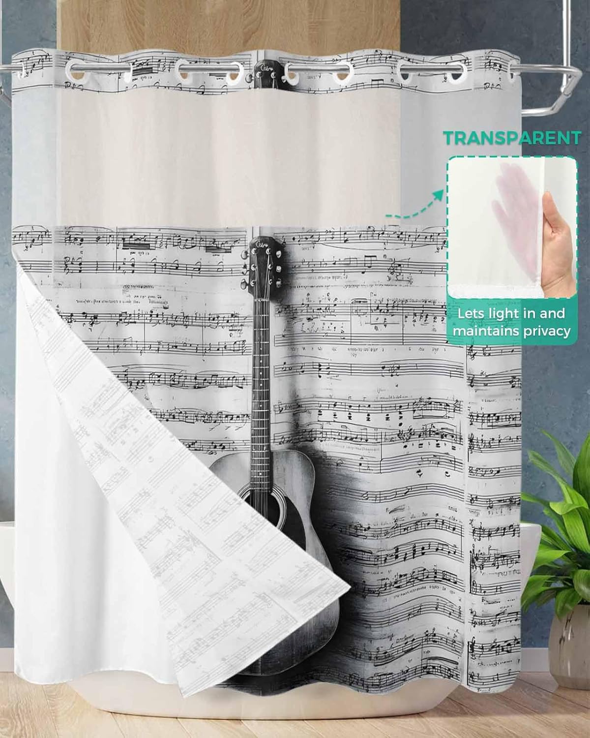 No Hook Shower Curtain and Snap in Liner Set, Black Grey Guitar Fabric Bathroom Shower Curtains 72x78 Inch, See Through Mesh Top Window, Vintage Musical Guitar Sheet Abstract Hotel Style, Waterproof