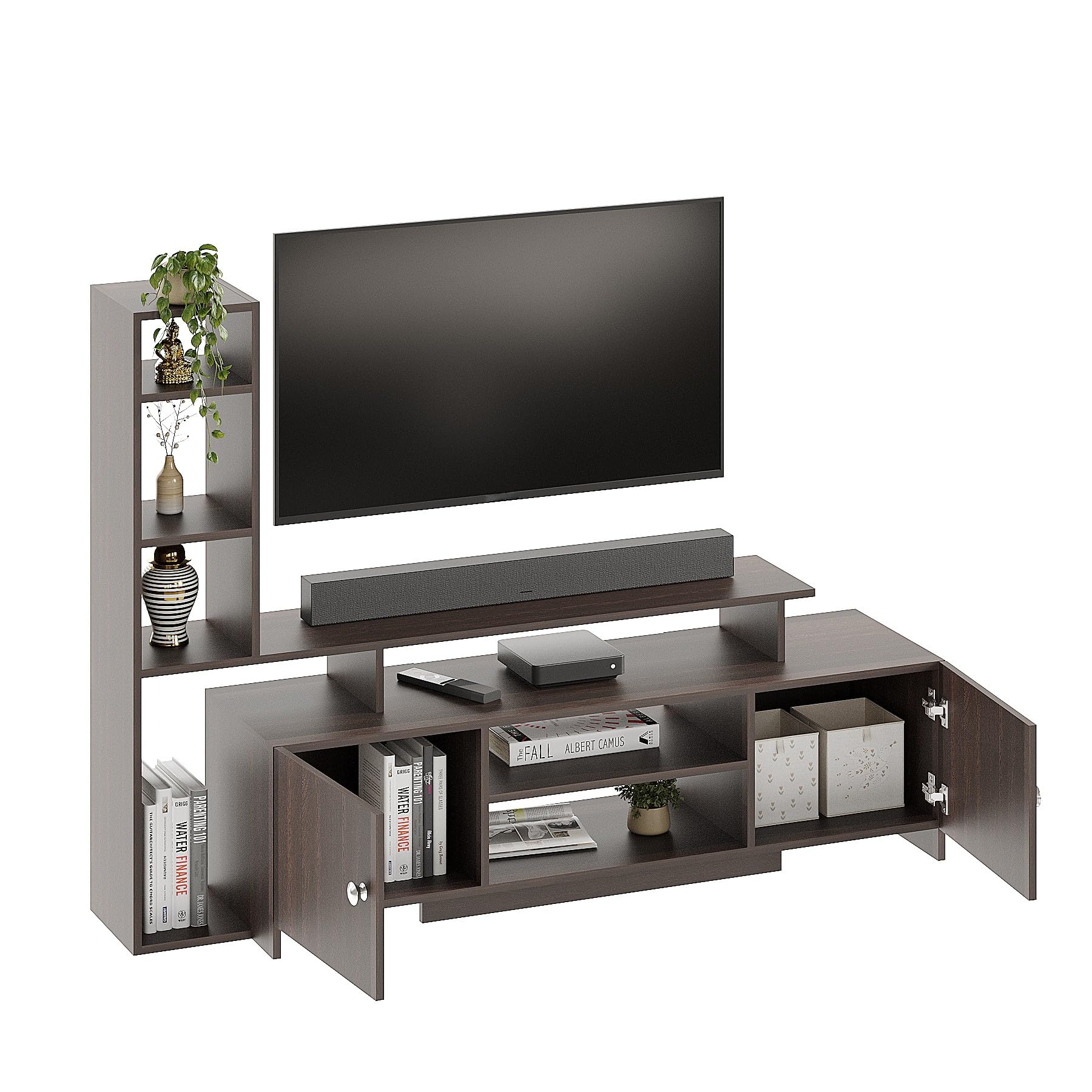 FURNEASER Turin Modern Engineered Wood TV Unit for Living Room | Entertainment Center with Storage Cabinets Open Shelves & Side Display Rack | TV Stand for 32 to 55 Inch TV (Wenge)