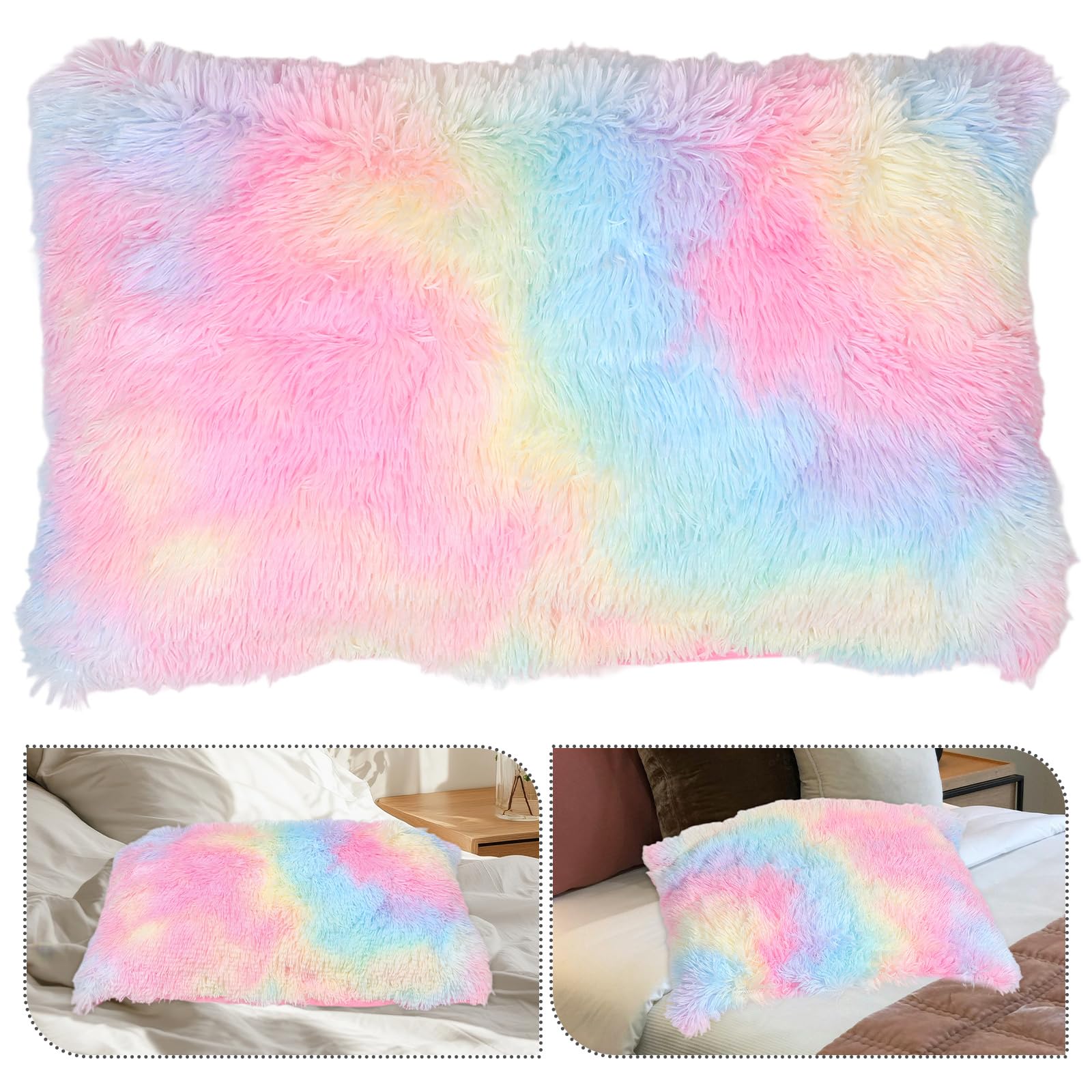 Veemoon Tie-Dye Faux Fur Fuzzy Pillow Cover Rainbow Fluffy Cushions Cover Soft Pillowcase Shaggy Throw Pillow Protector for Livingroom Sofa Bedroom (50 * 70 CM) - Image 4