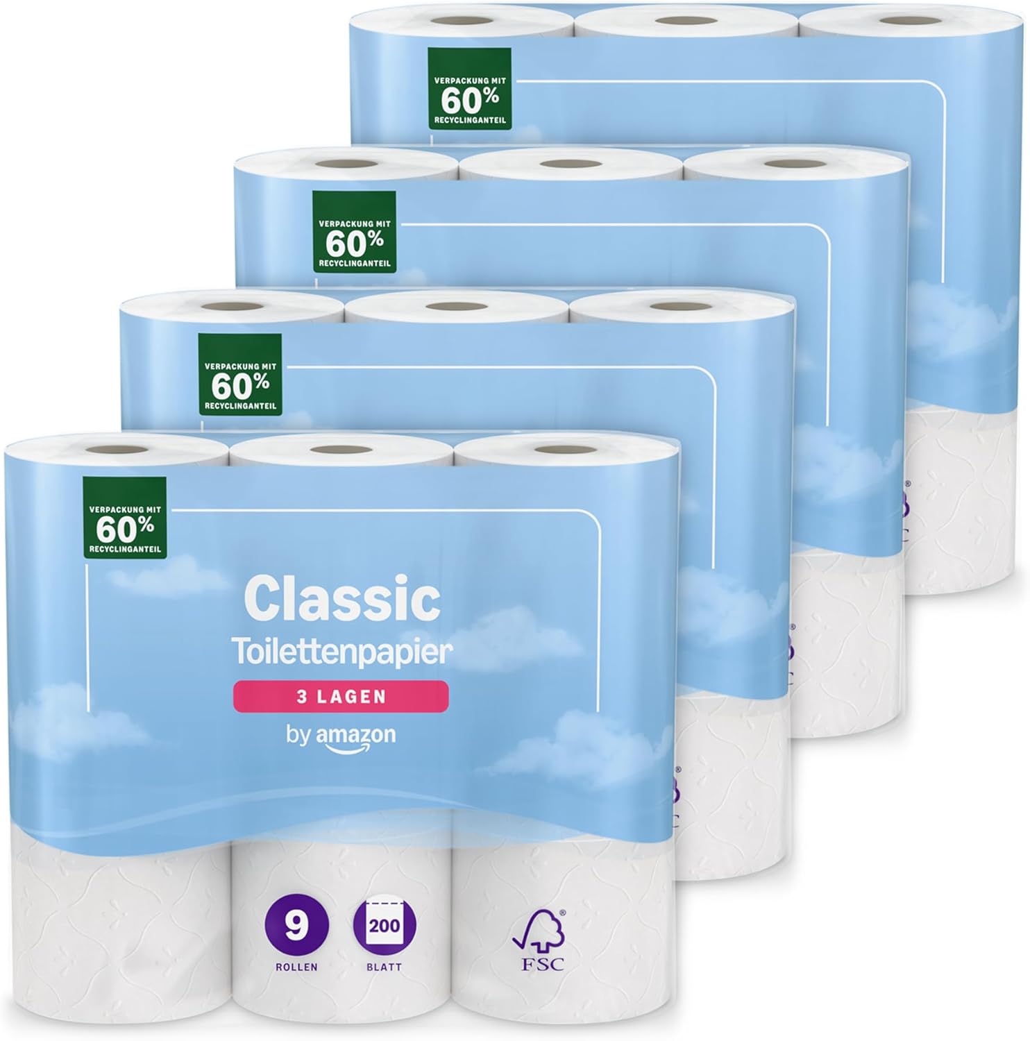 by Amazon Klassisches Toilettenpapier, 3-lagig, 36 Rollen (9 Rollen, 4er-Pack), 200 Blatt pro Rolle, FSC-zertifiziert