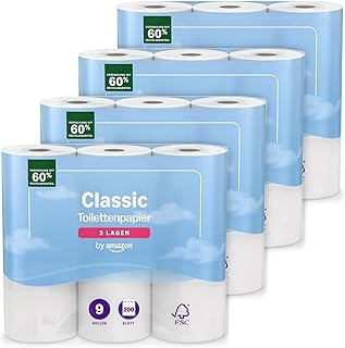 by Amazon Klassisches Toilettenpapier, 3-lagig, 36 Rollen (9 Rollen, 4er-Pack), 200 Blatt pro Rolle, FSC-zertifiziert