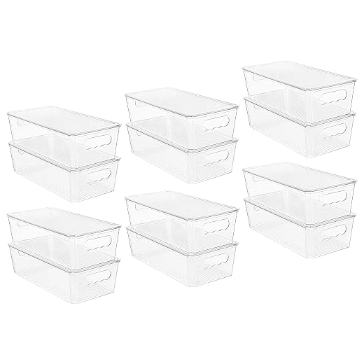 Vtopmart 12pcs Clear Organizers and Storage Bins with Lids, Stackable Plastic Storage Containers with Handles for Fridge, Freezer, Pantry, Cabinet, Kitchen Organization and Storage