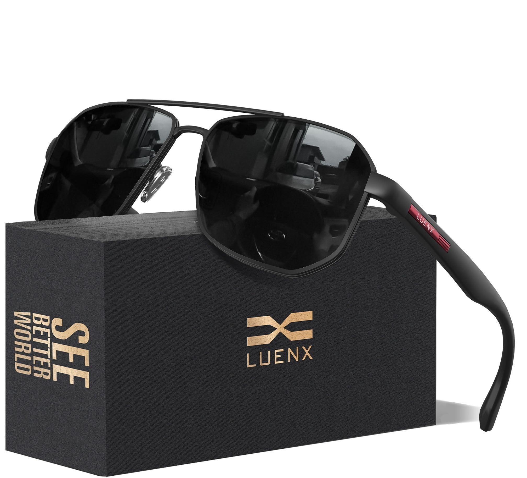LUENX Aviator Sunglasses for Men Square Polarized Polygon Lens - UV 400 Protection with Accessories
