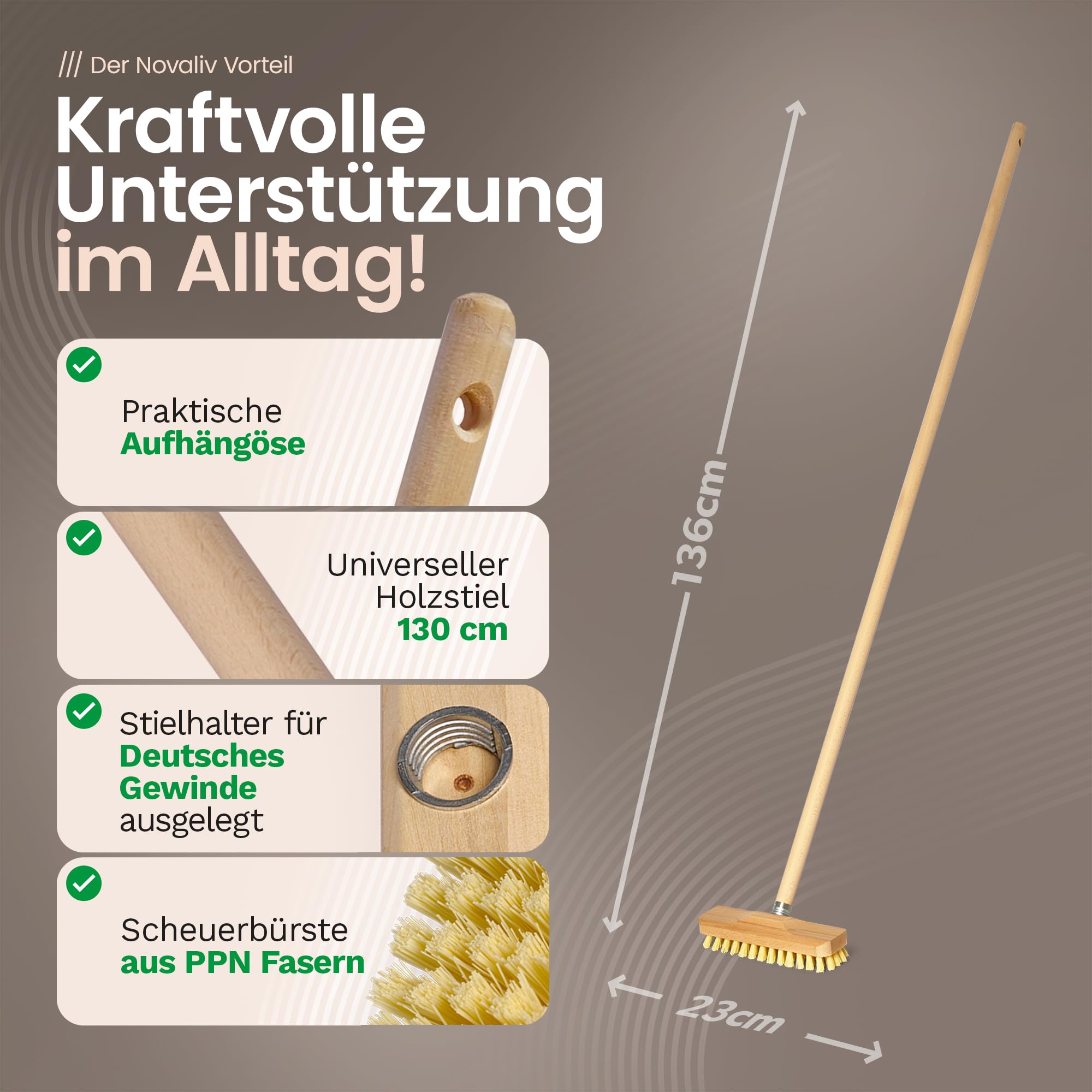 Novaliv 4 spazzole abrasive con asta di legno in legno con setole in PPN Spazzole con filettatura robuste spazzole abrasive Spazzola per pavimenti per balconi terrazze giardini interni ed esterni