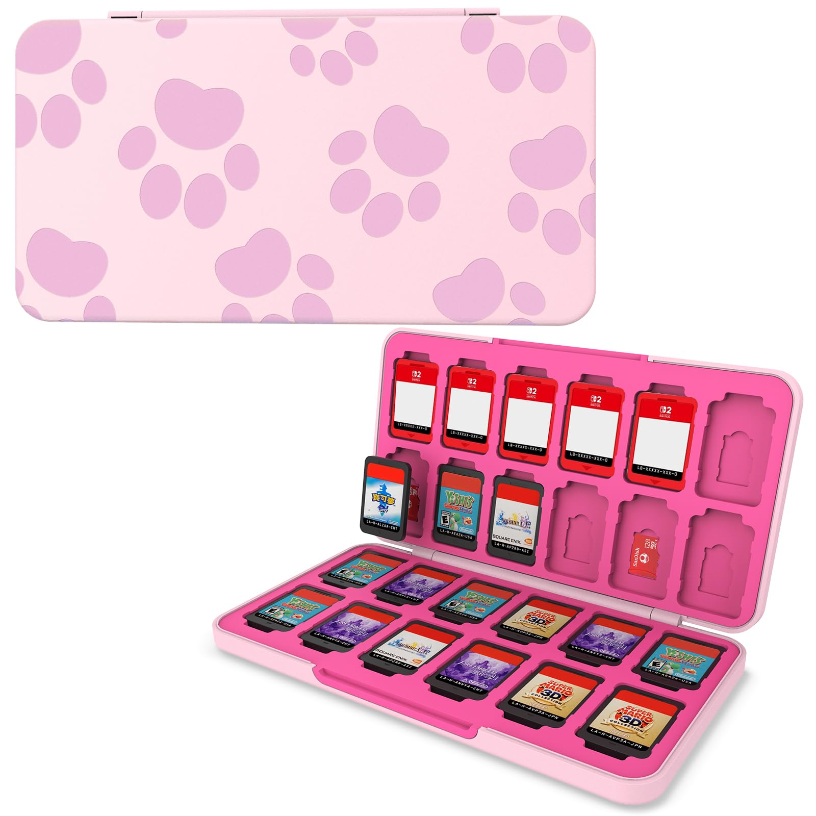 HEIYING ゲームカードケース 任天堂スイッチゲームカードまたはMicro SDメモリーカード用 カスタムパターンスイッチゲームメモリーカードストレージ 24個のゲームカードスロット 24個のMicro SDカードスロット (ピンクキャット足)
