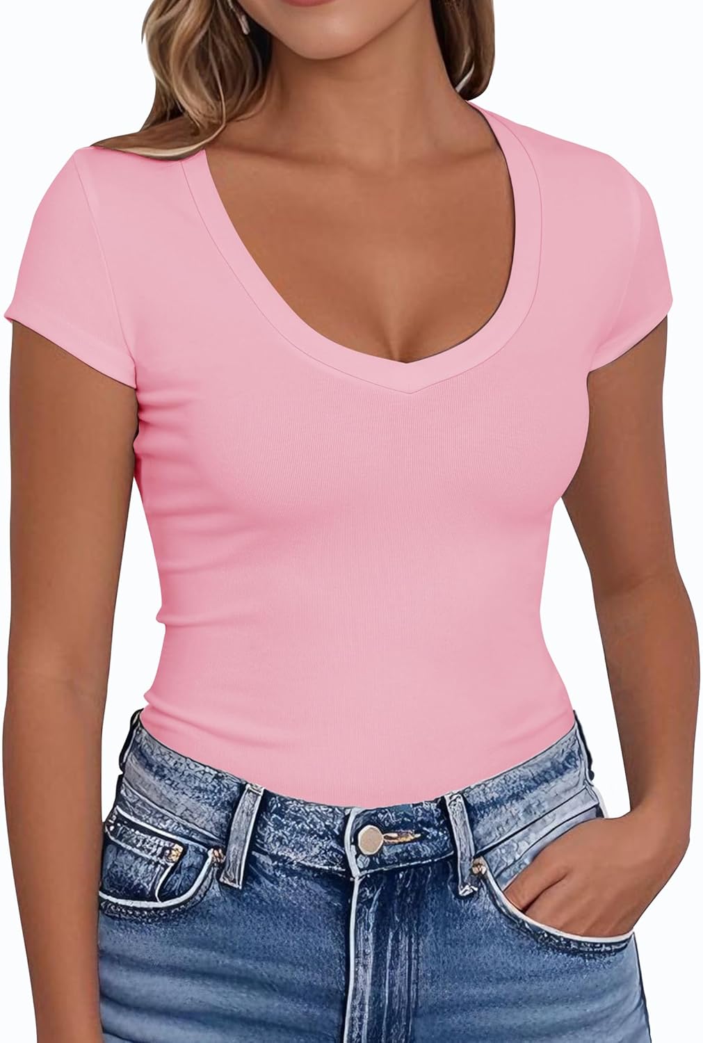 PALINDA Women's V Neck Fitted Shirts Basic Casual Stretchy T Shirt Short Sleeve Summer Tops