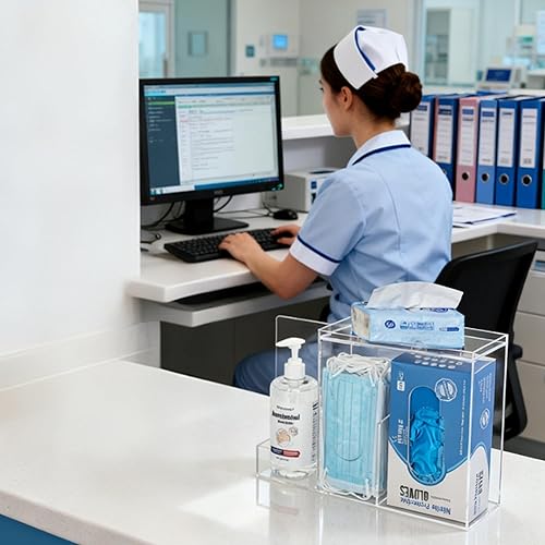 Miniatura 5 de SEANADO Dispensador de mascarillas de acrílico con 3 compartimentos, estación de higiene para máscaras faciales desechables, bolsa de Emesis,