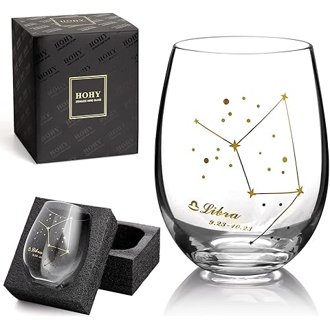 HOHY Libra Wine Glass - Stemless, 20oz Zodiac Sign Constellation Glass, Horoscope Gift for Women & Men