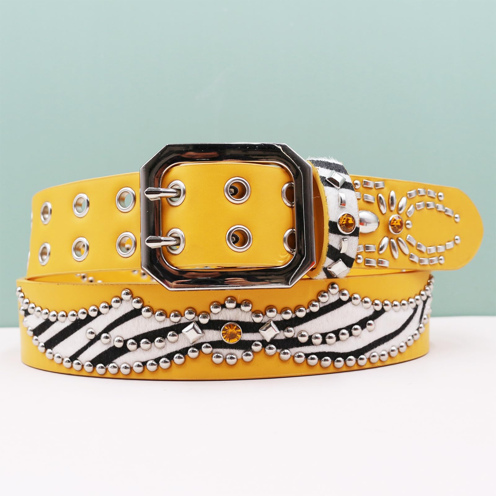 Cintura Borchie Uomo, Cintura Uomo in Pelle PU,Cinture Punk Rock Fibbia A Doppio Ardiglione Cintura Y2K Rapper per Jeans Pantaloni,Stile Hip-Hop Gotico Biker,A Yellow,125CM/49.2''