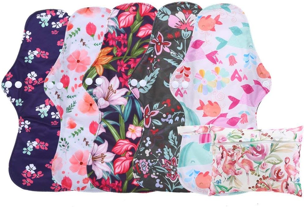 6Pcs Set Menstrual Pads Reusable Washable Charcoal Bamboo Layer Heavy Flow 13 inch Sanitay Pads with 1 Cloth Mini Wet Bag by Simfamily