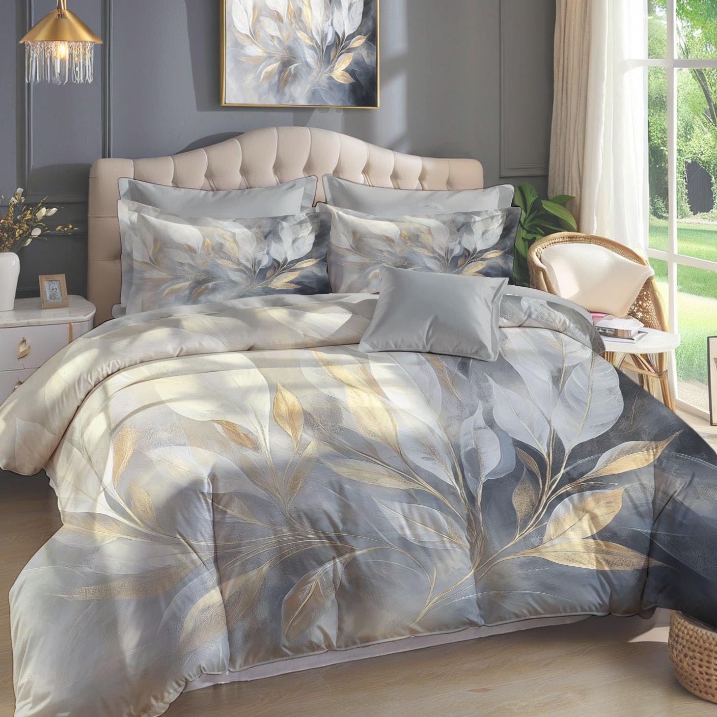 Housse de couette 220x240 cm pour chambre adulte motif botanique feuille or et gris
