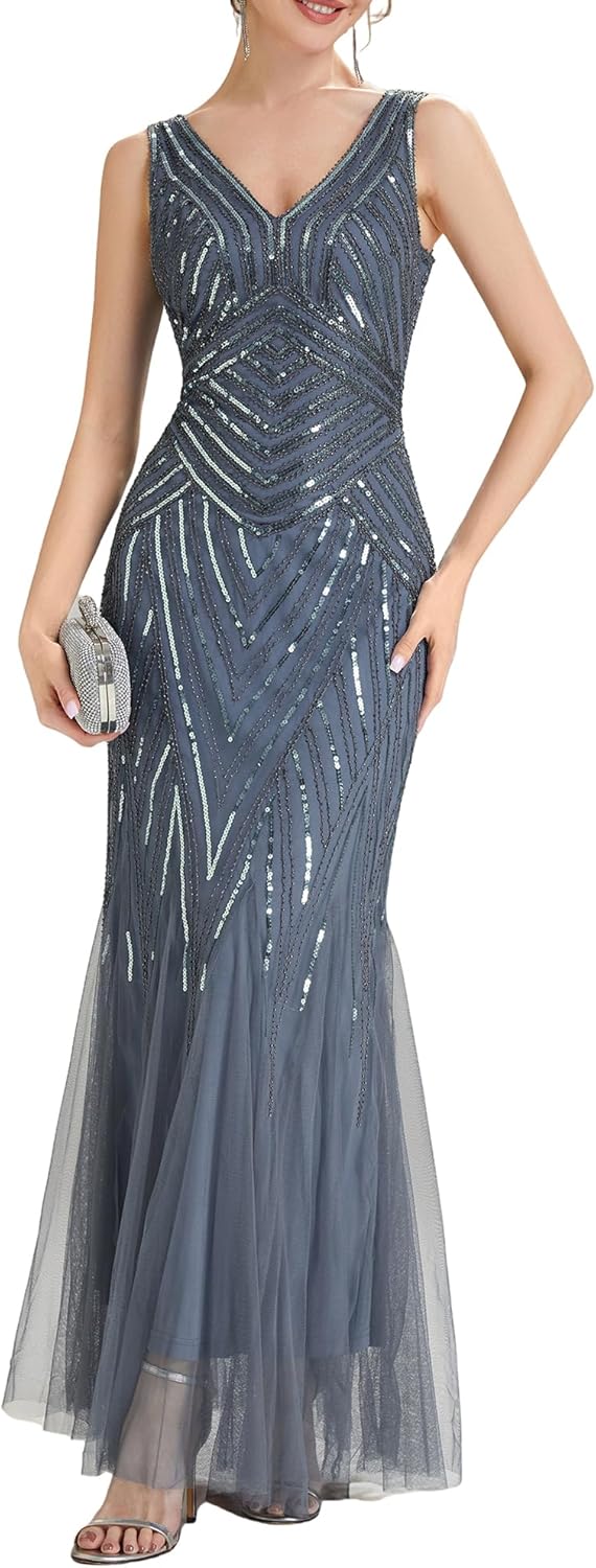 Ever-Pretty Women's Sequin V-Neck Sleeveless Flapper Formal Evening Dress Floor-Length Mermaid Mother of Bride Dresses 02679