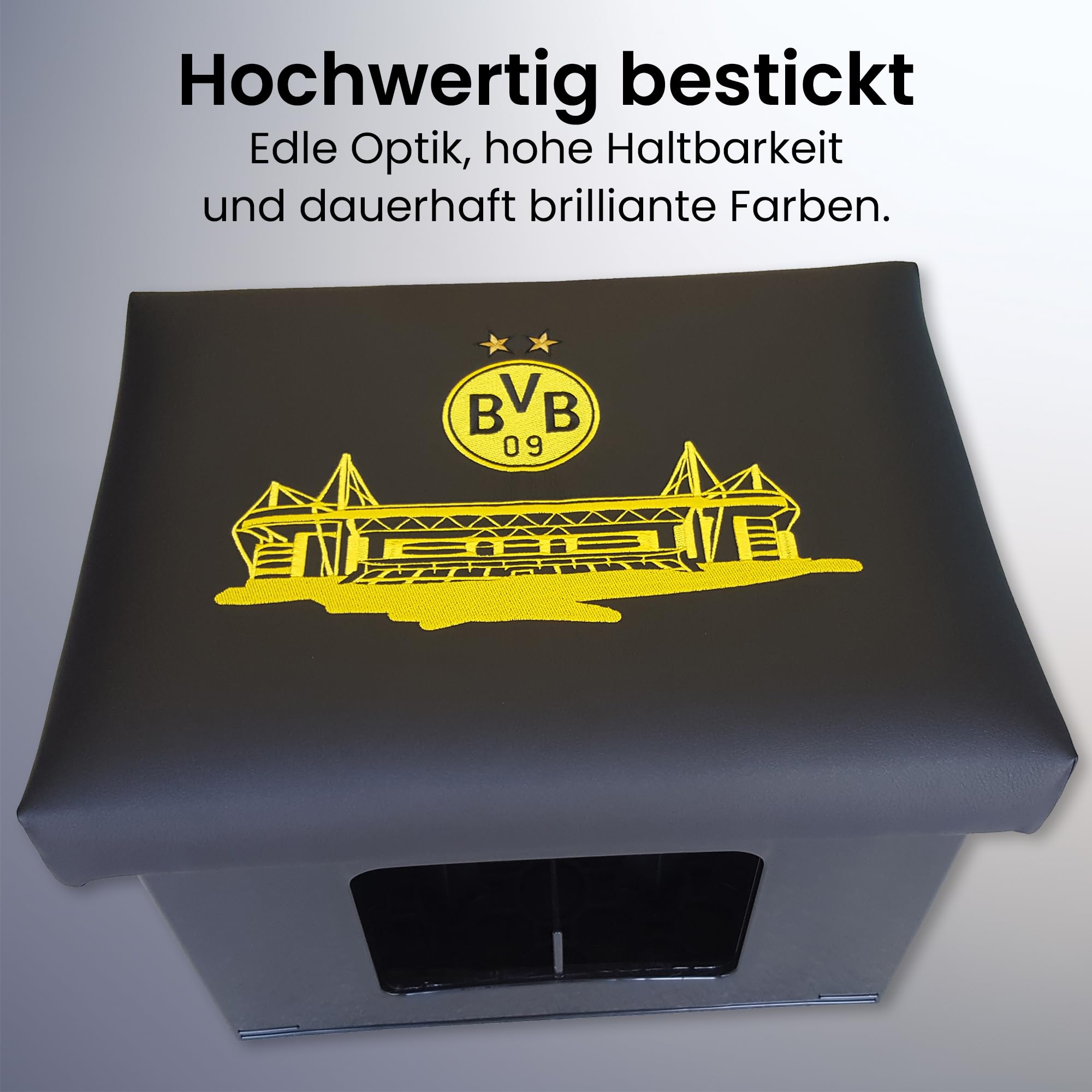 BVB Bierkastensitz aus Kunstleder 42x32x6,5 cm [höchster Sitzkomfort] Bierkasten Sitzauflage als BVB Fanartikel für Garten, Partykeller oder unterwegs, Borussia Dortmund Geschenke für Männer