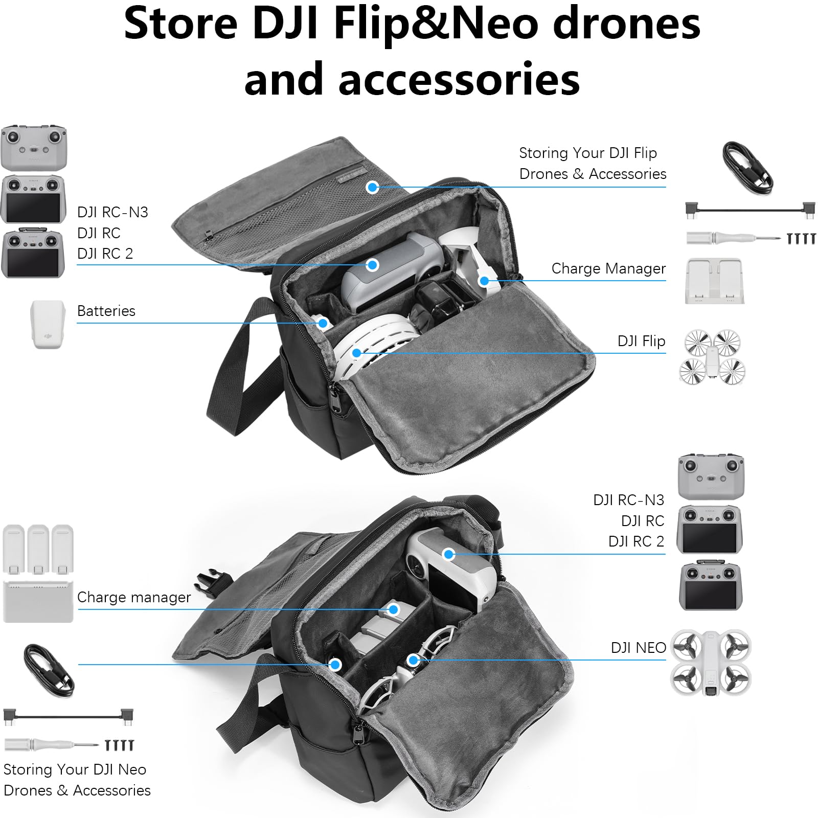 FPVtosky Mini Sac de Voyage pour DJI Lito 1, Lito X1, Flip, Neo 2, Mini 5 Pro, 3, 4 Pro, RC 2, Batteries et Accessoires