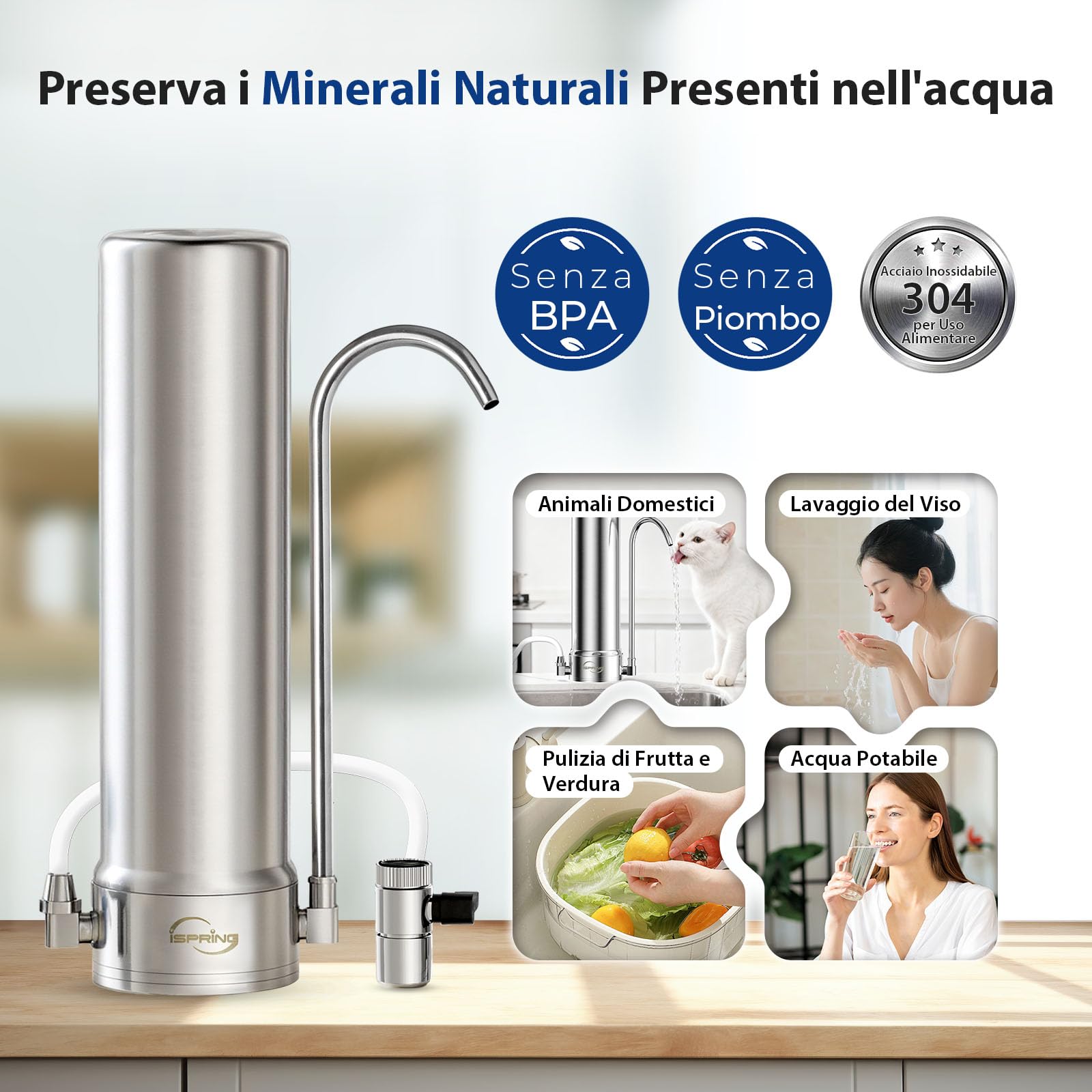 iSpring CKC1S Depuratore d’Acqua Rubinetto Acciaio Inox Ultrafiltrazione 0,01μm & Carbone Purificatore d’Acqua Per Lavello Ideale Affitto
