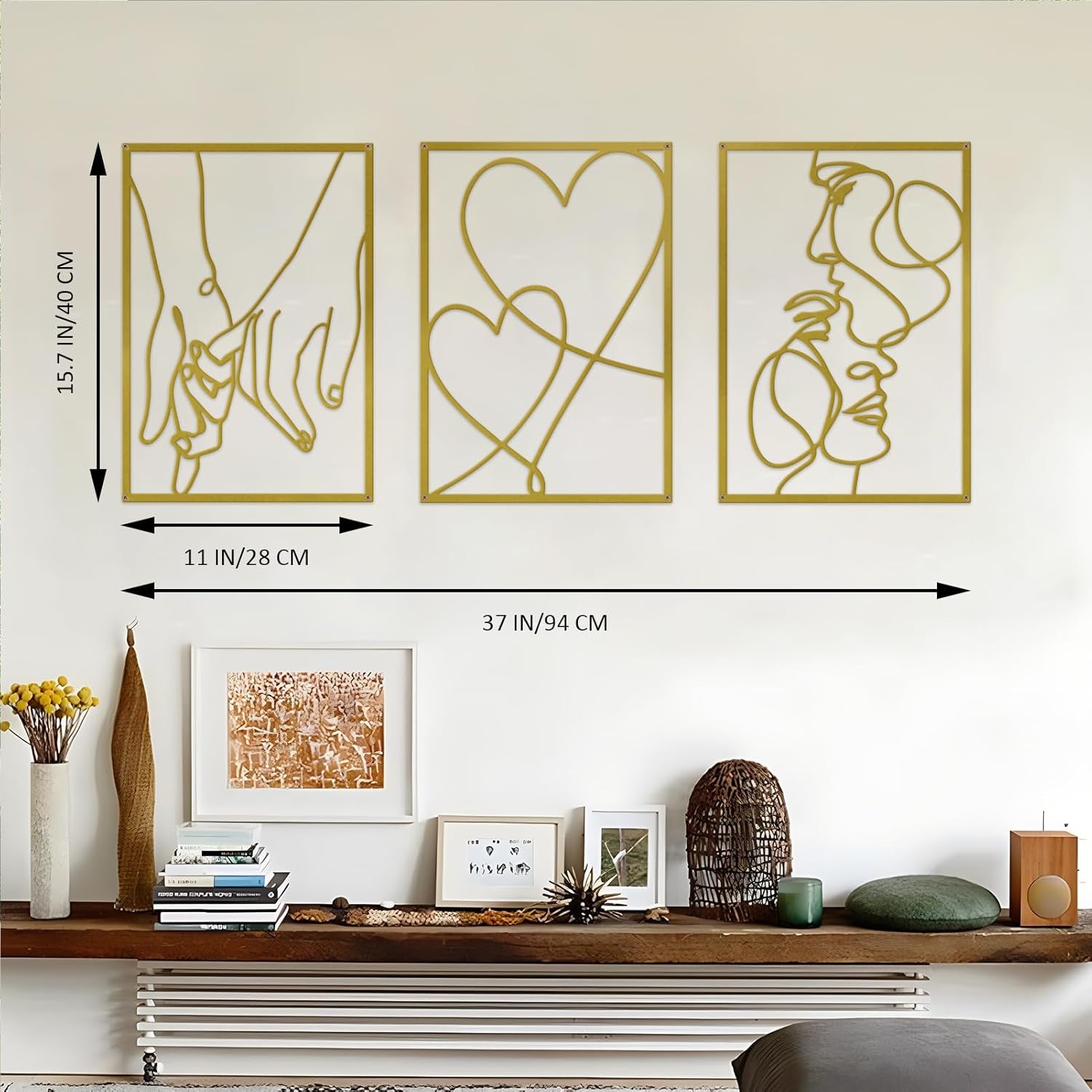 3 Pieces Metal Minimalist Line Wall Art, Valentine's Day Lover Kiss Hand Metal Wall Decor, Aesthetic Modern Home Hanging Wall Art Decor for Bedroom Bathroom Living Room (Gold)