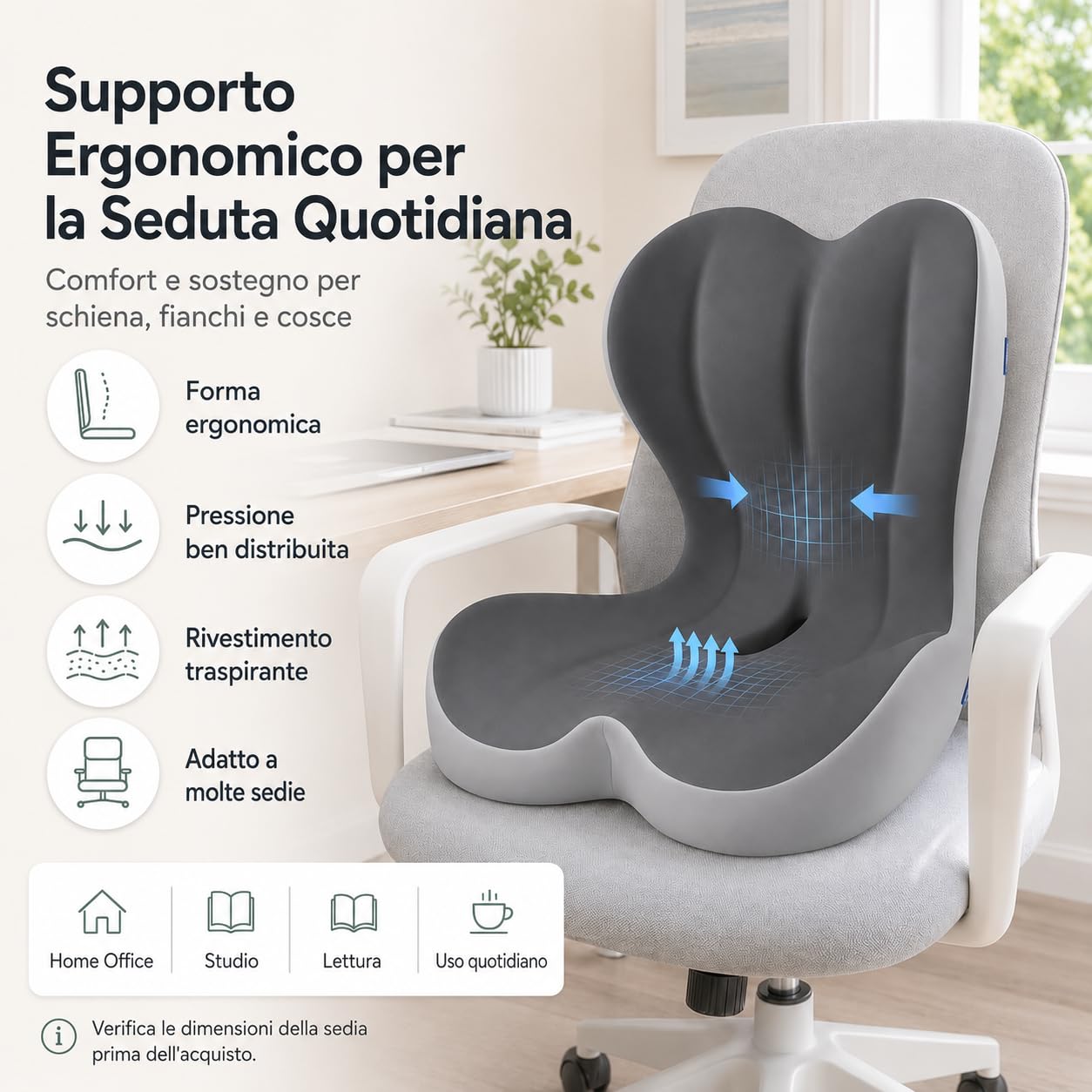 Generico Cuscino Ergonomico in Memory Foam con Ampio Supporto Lombare，Beige | Fodera traspirante lavabile e base antiscivolo. Allevia la pressione e migliora la postura. Portatile per auto e ufficio.
