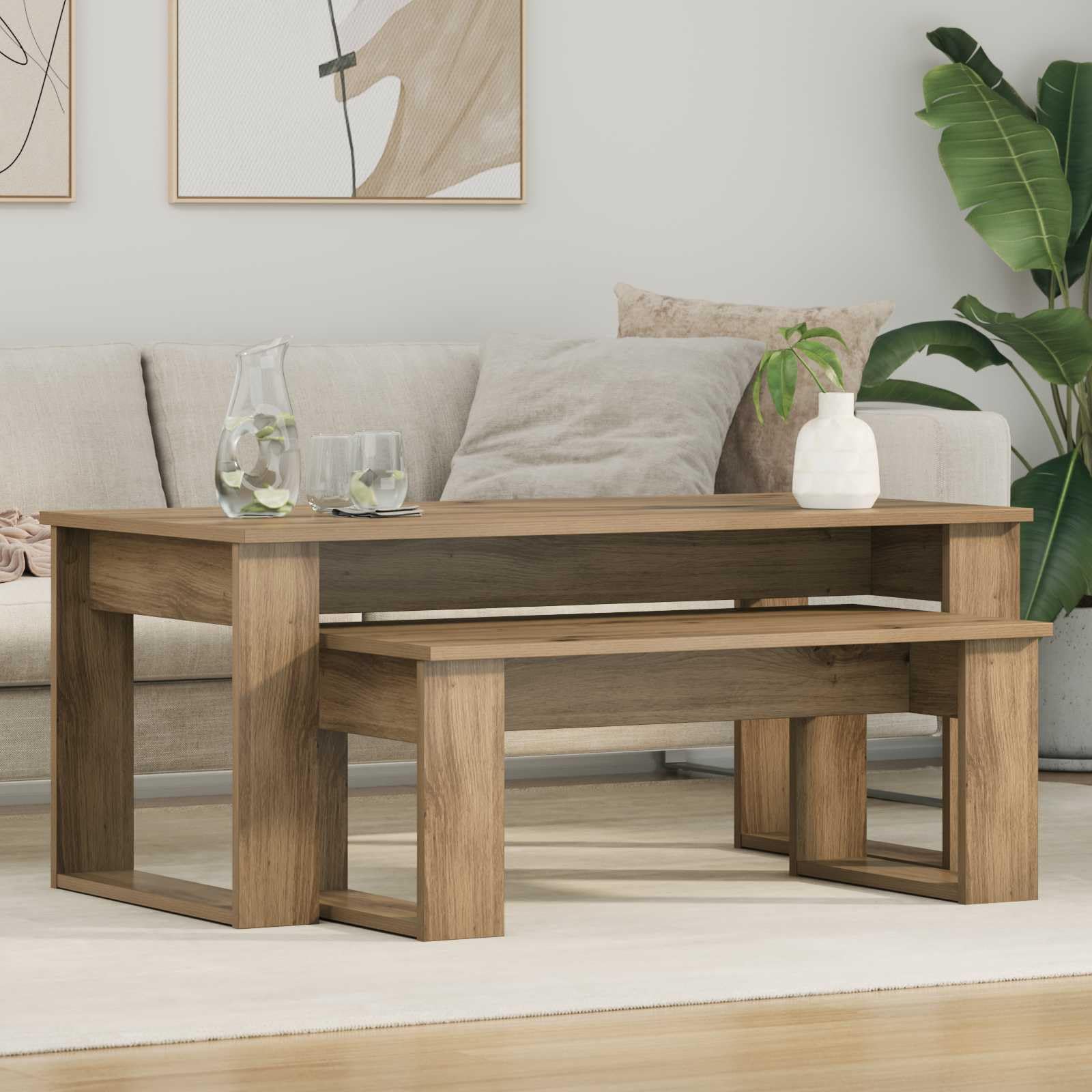 Set di 2 tavolini da caffè in rovere Artisan | Set da tavolo in due pezzi con effetto rovere per possibilità di posizionamento flessibili in soggiorno e salotto.