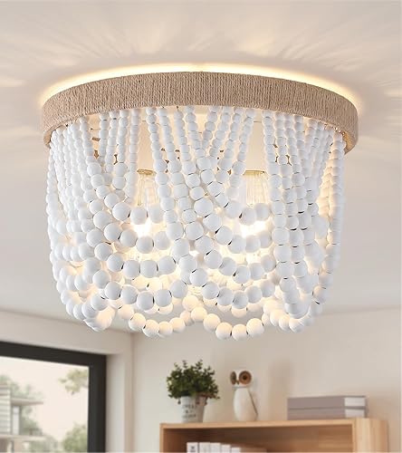 Vista 35 de AZMASA - Lámpara de techo con cuentas de madera, estilo bohemio, de montaje empotrado, cuerda de cáñamo, 3 luces para guardería, dormitorio