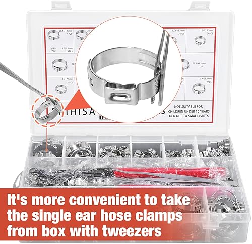 Miniatura 6 de AKIHISA 360 piezas, 16 tamaños, juego de abrazaderas de manguera de una sola oreja, 5.3-36.1mm, abrazaderas de manguera de acero inoxidable 304,