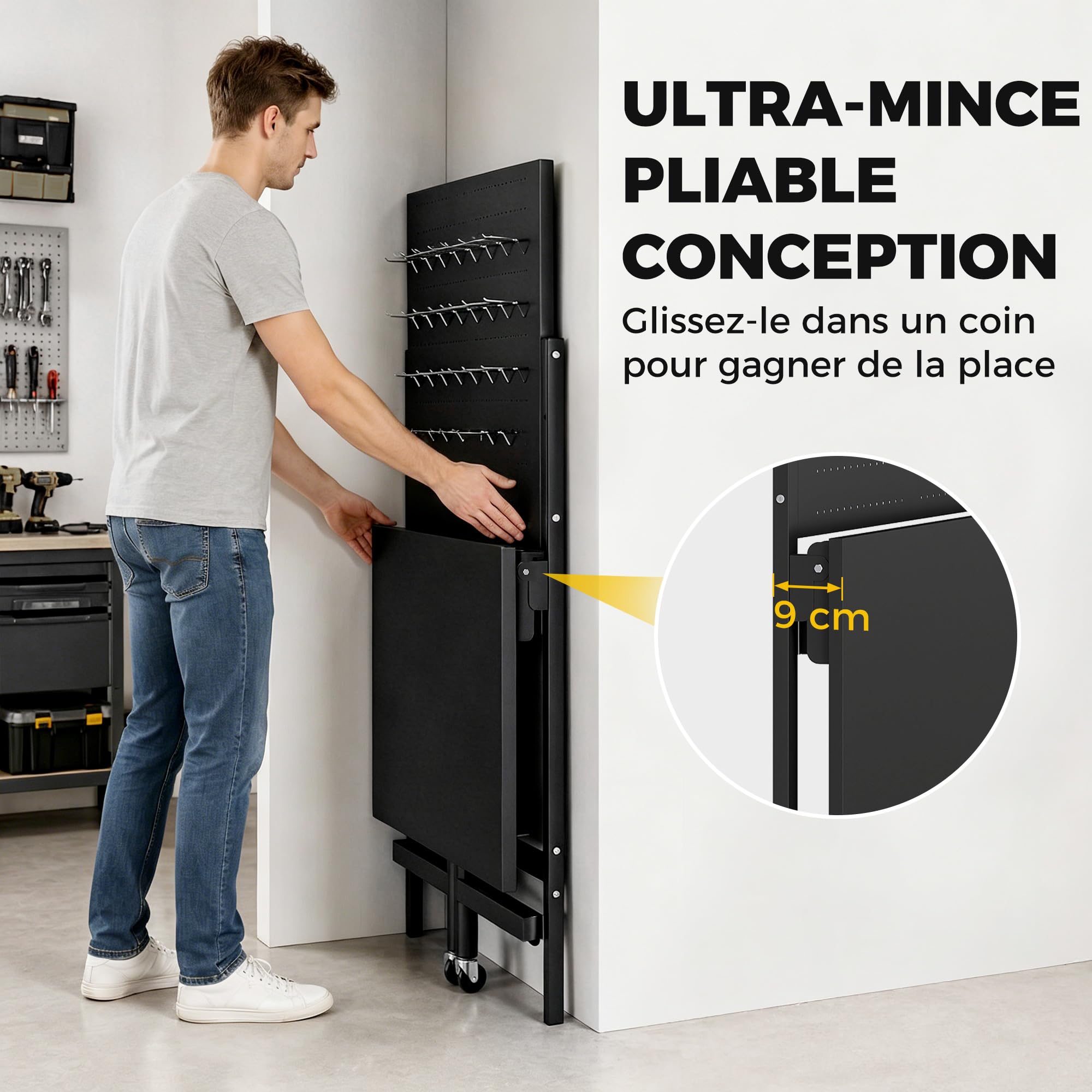 HOMCOM Établi d'Atelier Pliable à roulettes, 115x62x143,5cm, Plan de Travail avec Panneau Perforé, 30 Crochets, Plateau Épais, Cadre en Acier, Charge 120 kg, pour Garage, Atelier ou Entrepôt, Noir
