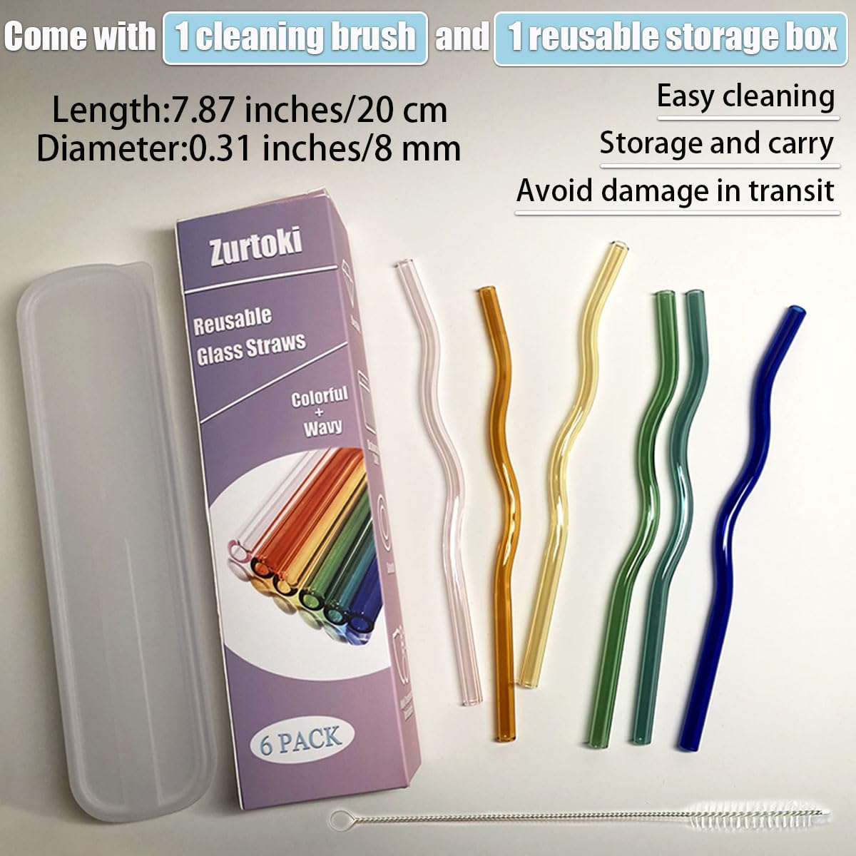 Bunte gewellte Glas-Trinkhalme, 20 x 8 mm, niedliche, wiederverwendbare Glas-Trinkhalme aus hochwertigem Borosilikatglas, mit 1 Reinigungsbürste und 1 Aufbewahrungsbox, für kalte oder heiße