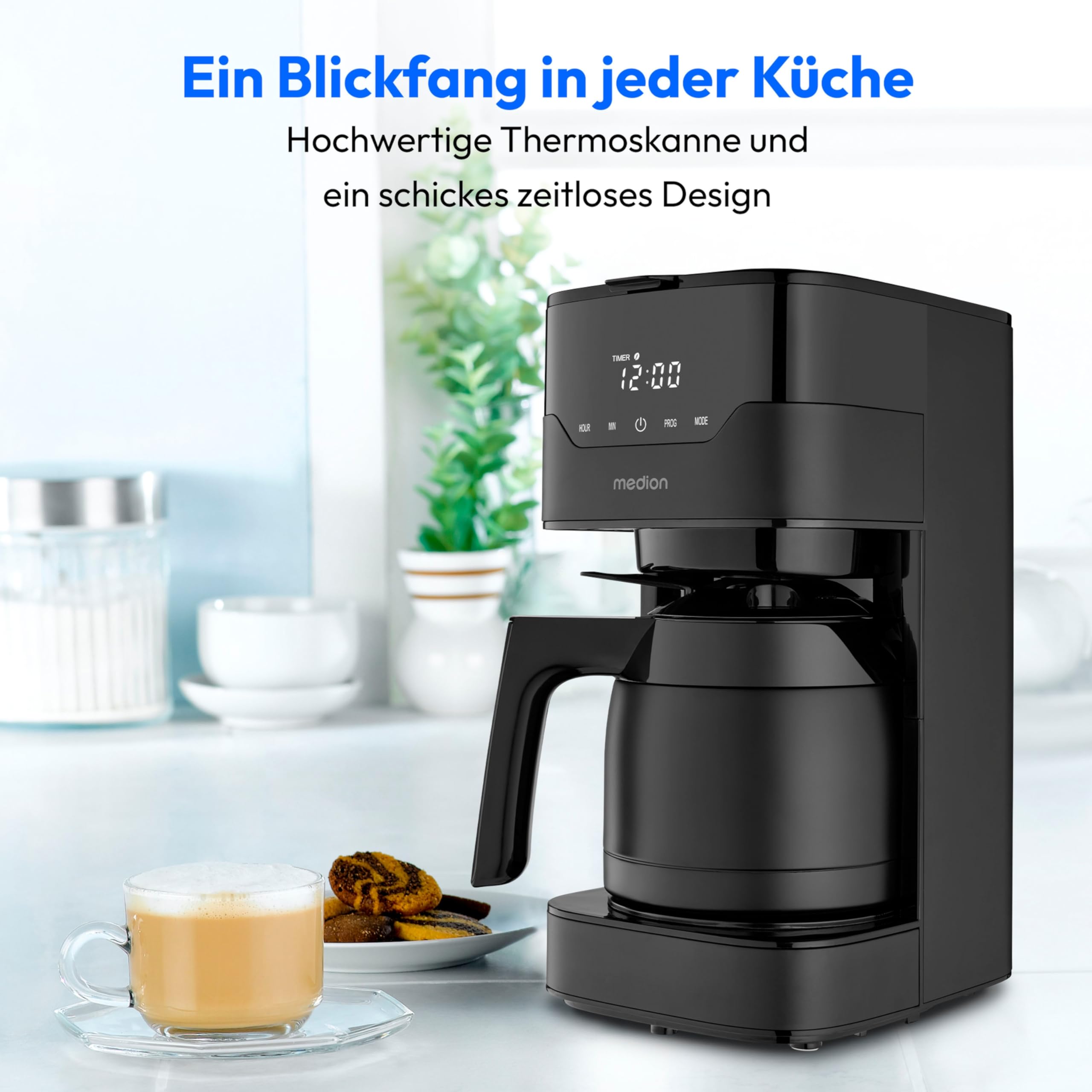 MEDION Kaffeemaschine mit Thermoskanne und Timer (Filtermaschine, 8 Tassen, 1,2 Liter, 900 Watt, 3 Stufen, Warmhaltefunktion, Timer Zeitschaltuhr, Antitropf, Display, MD18458) matt schwarz