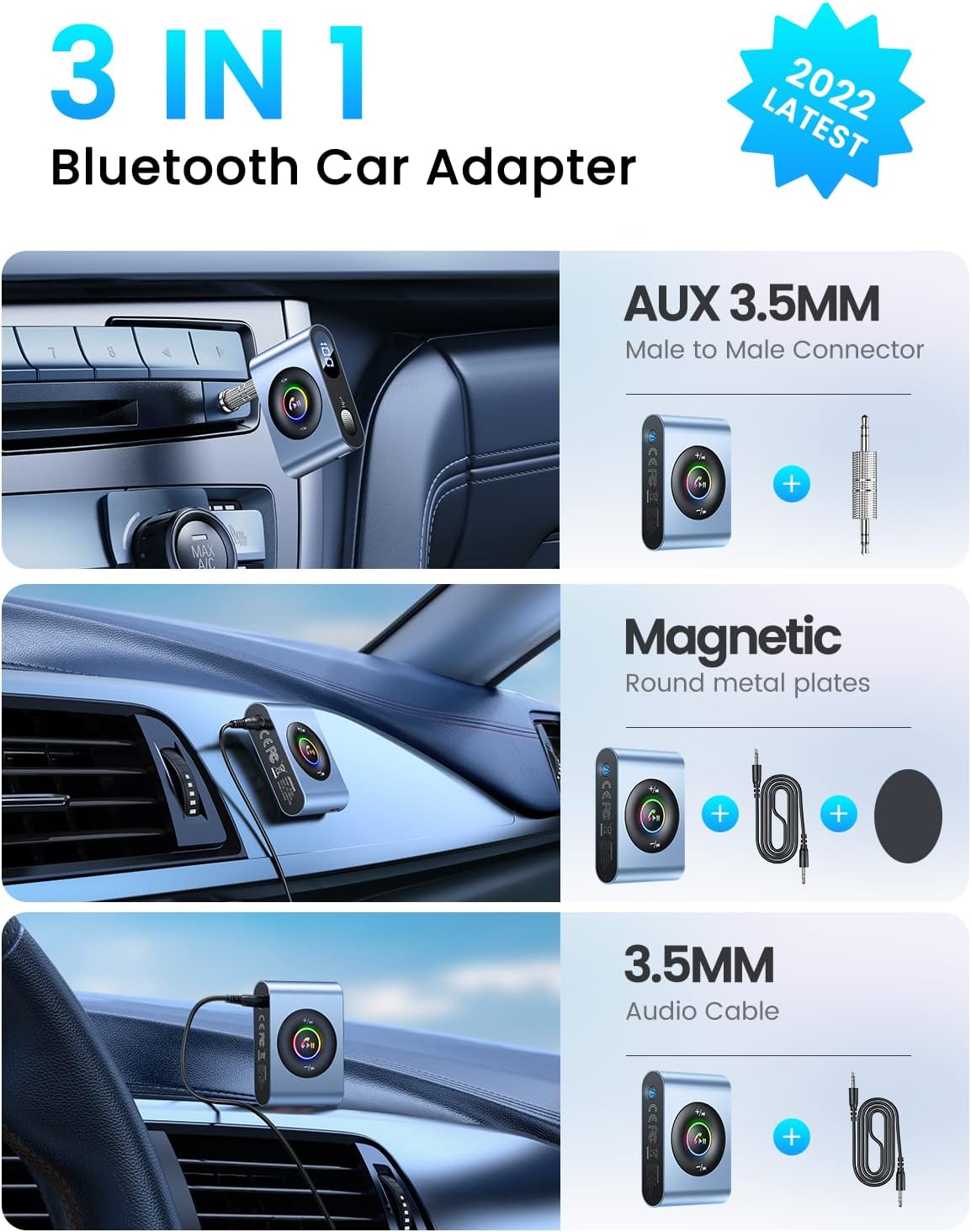 JOYROOM Bluetooth 5.3 Car Adapter [Stronger Mic & LED Digital Display] [22H Battery Life & Noise Cancelling] Bluetooth Car Kit AUX Input with Plug-and-Play for Hands-Free Calls and Stereo Audio