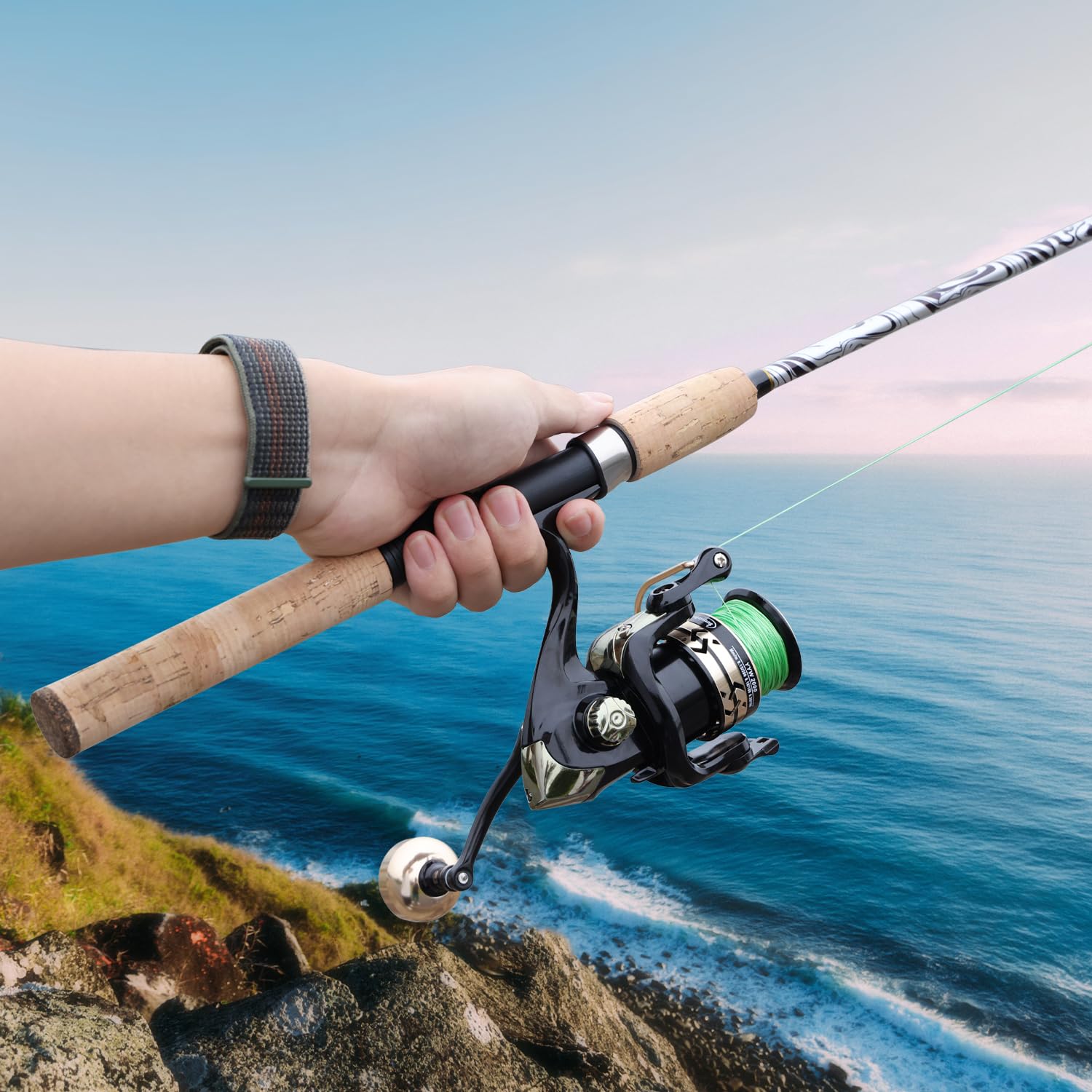 Sougayilang Moulinet et canne à pêche combinés, canne à pêche en fibre de verre avec poignée en liège P durable, cadre en graphite léger