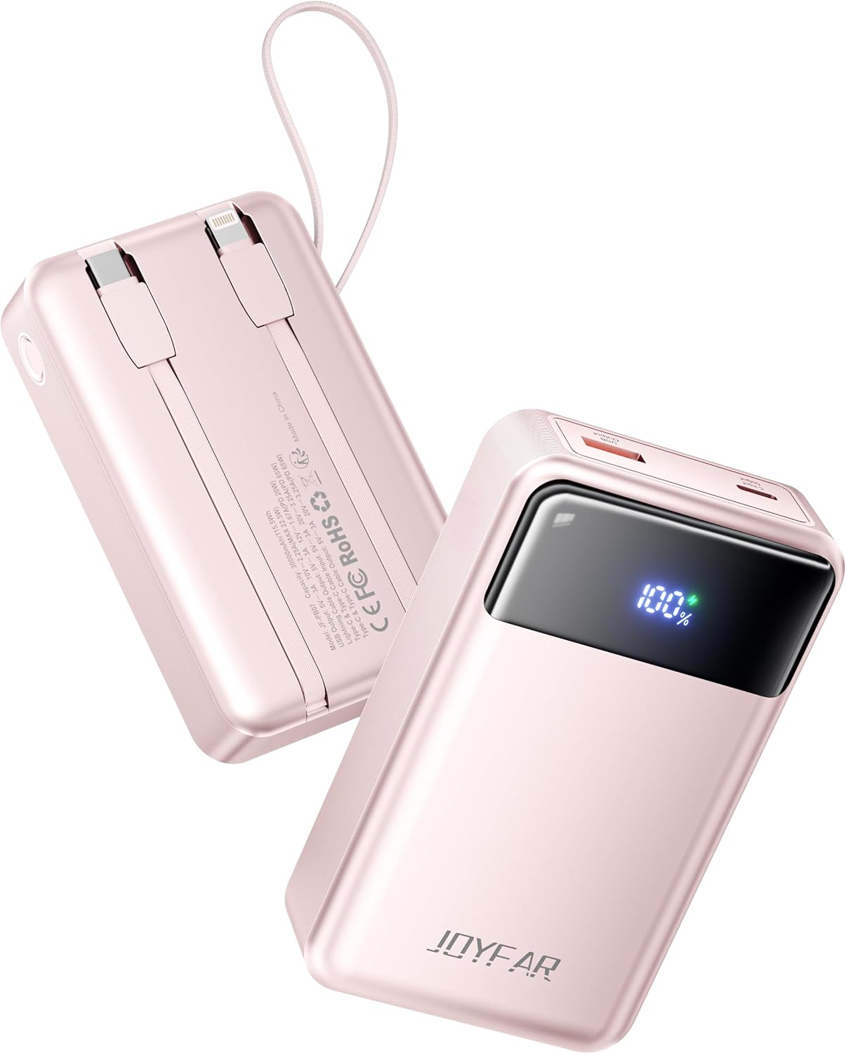 Portable Charger Power Bank - 30000mAh 65W Laptop Travel Essentials Battery Pack USB C Built in Cable Phone Fast Charging Compatible with iPhone 16 15 14 13 iPad MacBook Samsung Google (Pink)