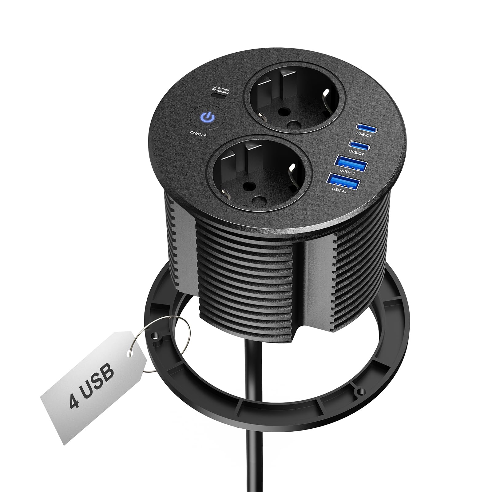 Gniazdko podtynkowe, okrągłe, z 2 gniazdami Schuko i 4 portami USB, 2 x USB C PD 20 W, gniazdko stołowe z przełącznikiem, do biurka, biura, kuchni, blatu roboczego, listwa zasilająca do zabudowy z