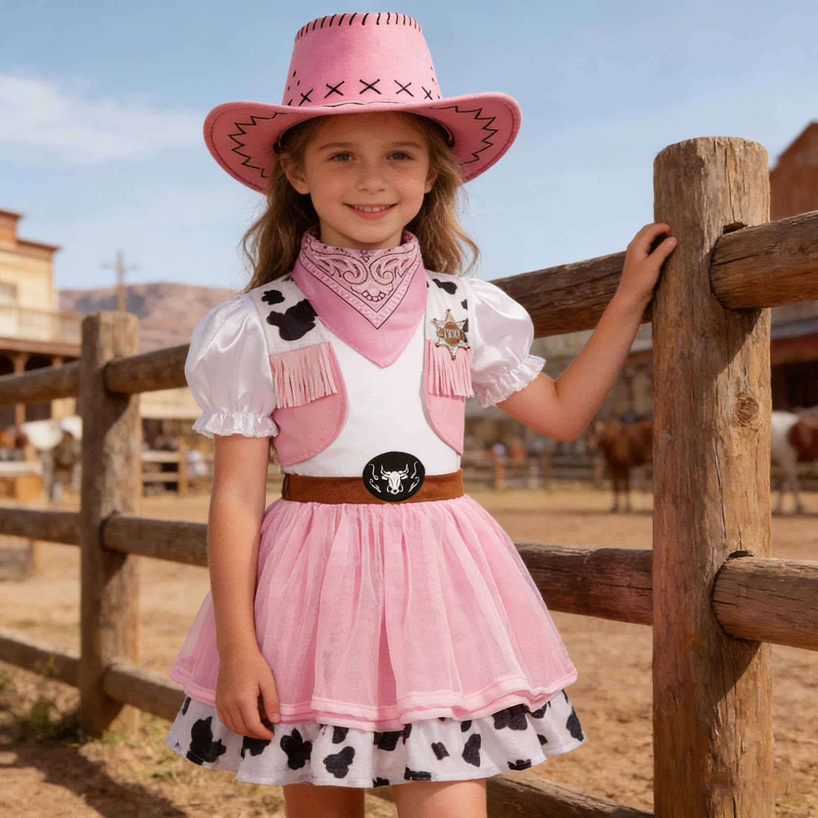Generisch Robe de cowboy pour fille - Rose - Robe d'été occidentale - Jupe en tulle streetwear - Mini robe de cosplay - Robe de festival - Avec chapeau de cowboy - 2 pièces - Tenue de carnaval