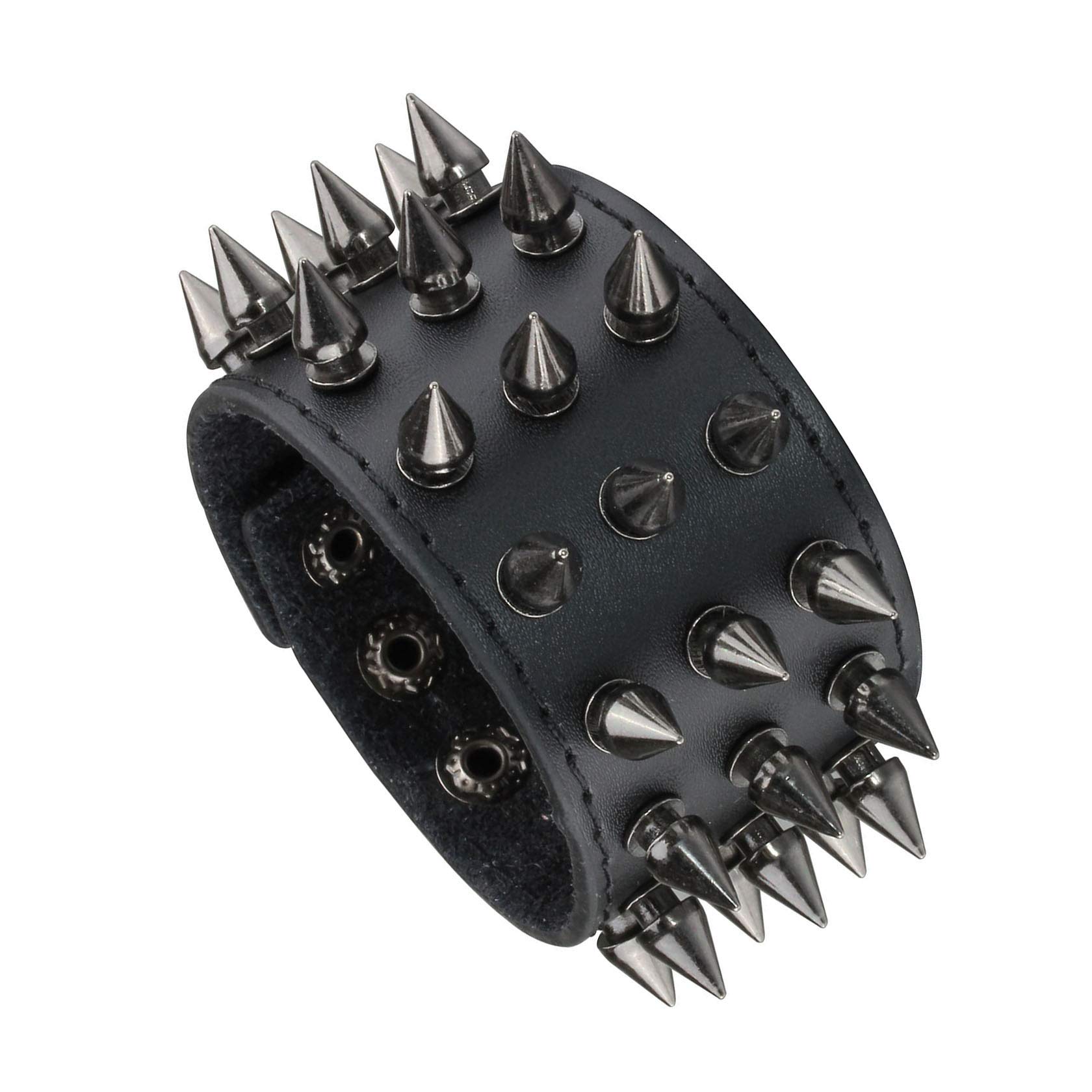 Unisex Black Metal Spike Studded Punk Rock Biker Wide Strap Leather Bracelet Chain Wristband Adjustable