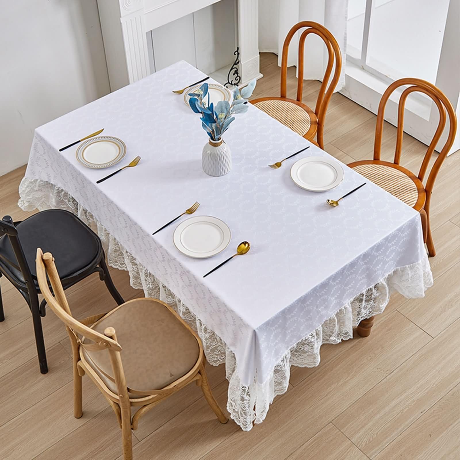 Mantel Terraza Rectangular Blanco, Patrón de Hojas con Encaje, de Poliéster Fácil de Limpiar, 140 x 260 cm, Mantel para Salón