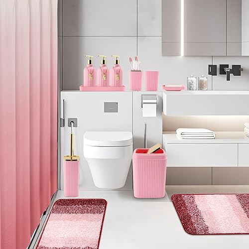 Miniatura 2 de Juego de baño de 32 piezas con cortina de ducha y alfombras, accesorios de baño rosados, juego de cortina de ducha, juego de alfombras de baño con