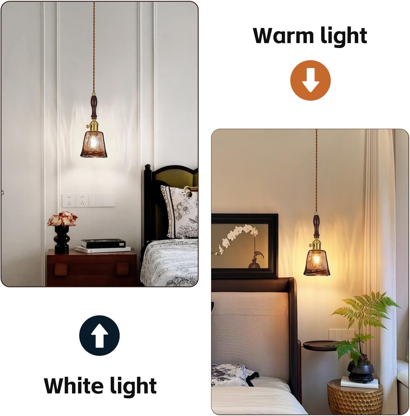 Amber Glass Vintage Pendant Light Height Adjustable Handmade Glass Pendant Lights Kitchen Island Gold Hanging Light Fixture with Wood Handle for Bedroom Dining Room Hotel (3 Pack)