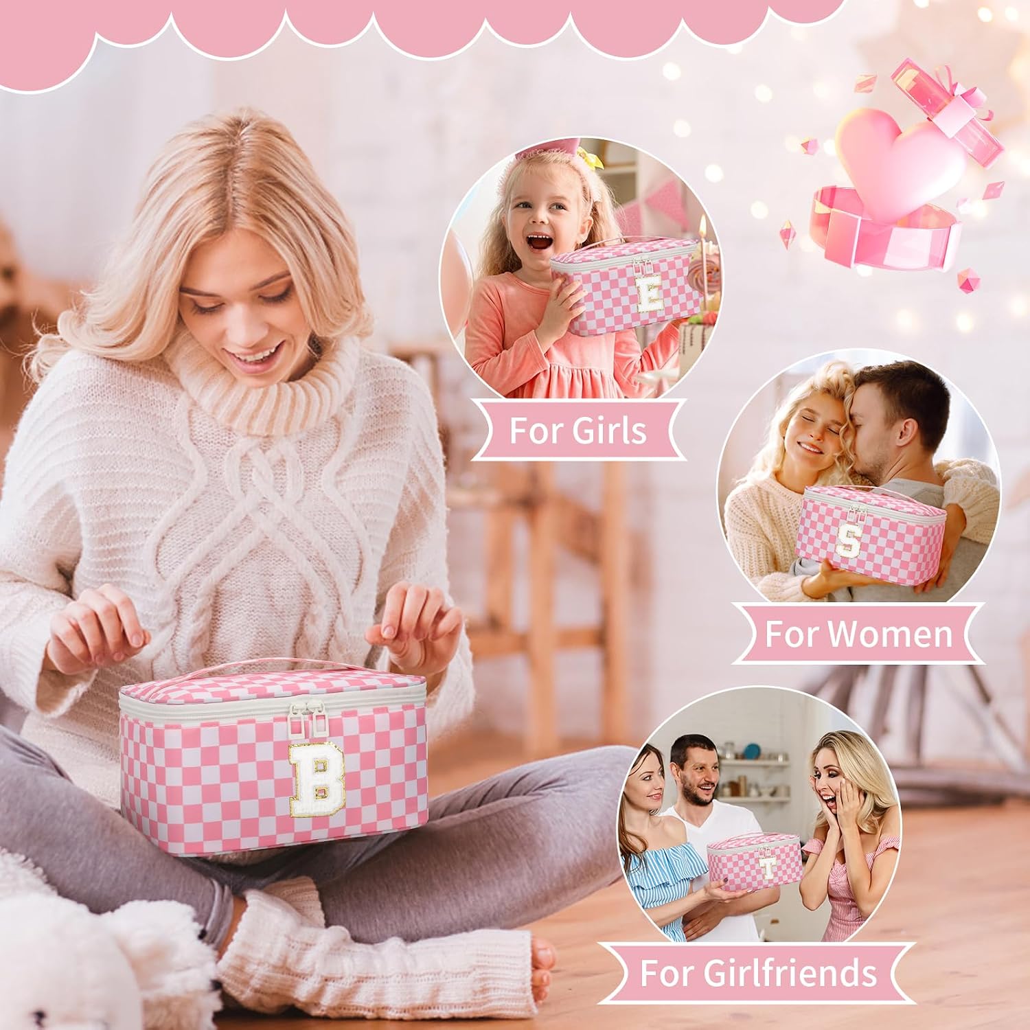 OCHEAL Makeup Bag for Women, Monogram Cosmetic Bag Pink Travel Makeup Case Beauty Toiletry Bag Organizer Personalized Gifts for Girls Bridesmaid, Sister, Wife, Friends Initial K